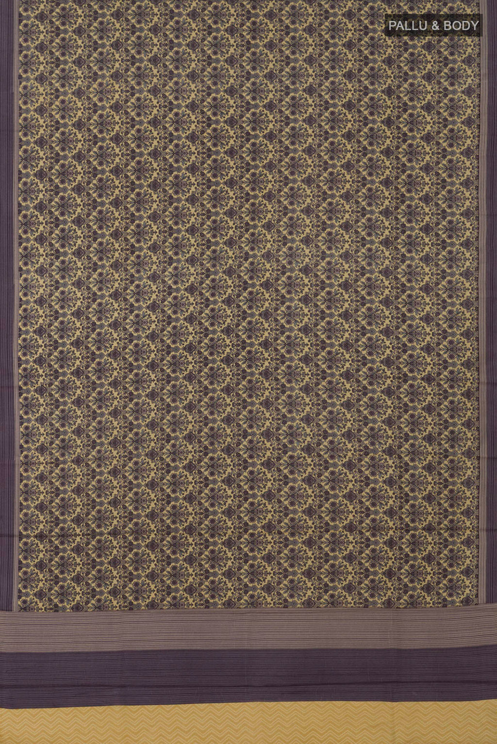 Flat view of Beige Printed Silk Saree with Printed design on the body and Plain Border. 