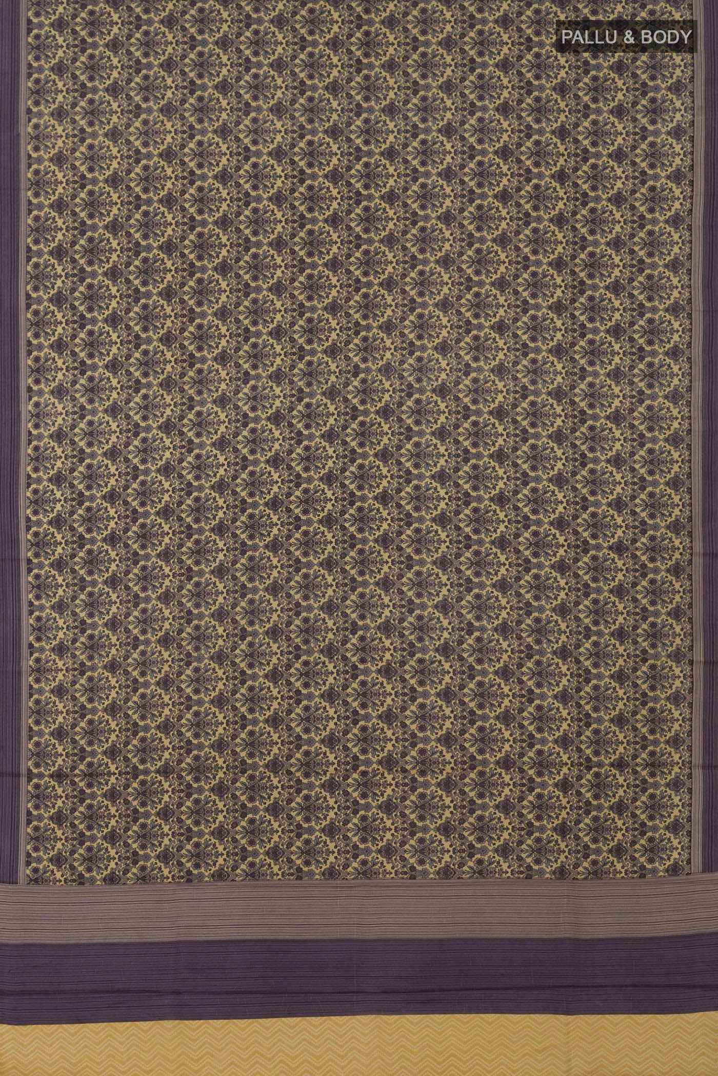 Flat view of Beige Printed Silk Saree with Printed design on the body and Plain Border. 