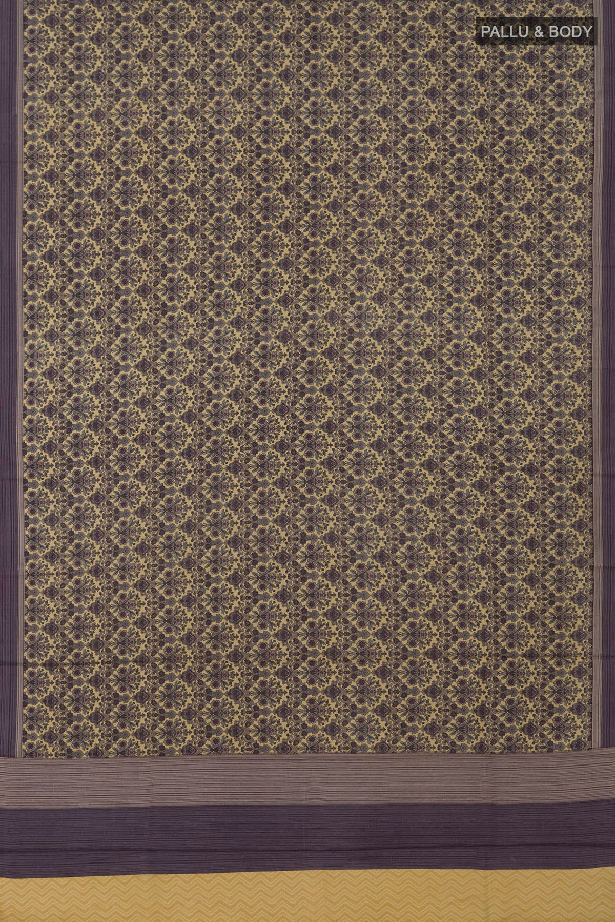 Flat view of Beige Printed Silk Saree with Printed design on the body and Plain Border. 