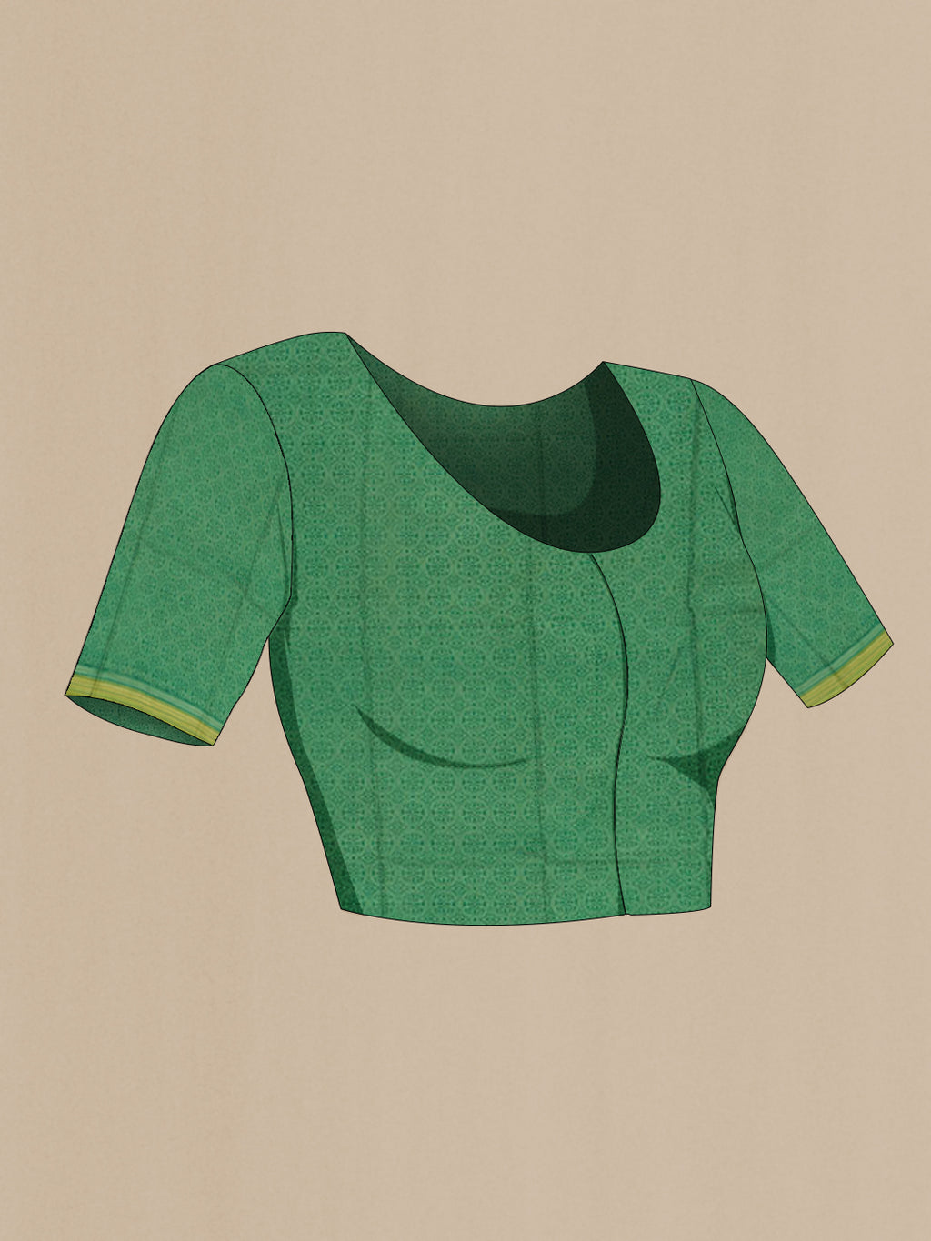 Close up image of the blouse of Green Printed Silk Saree with Printed design on the body and Plain Border. 