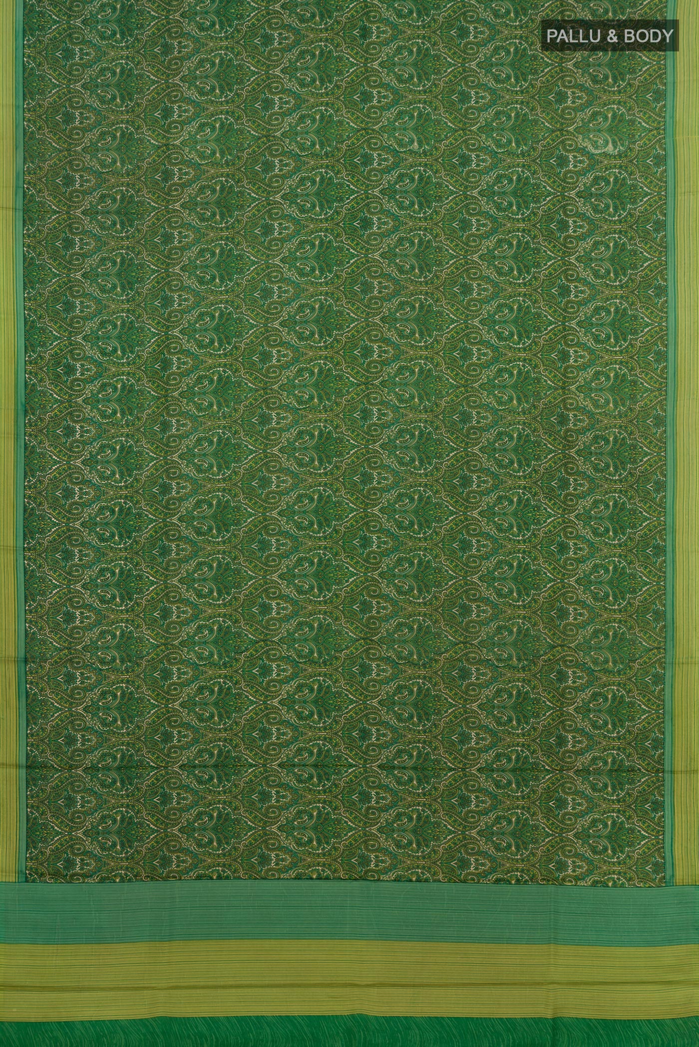 Flat view of Green Printed Silk Saree with Printed design on the body and Plain Border. 