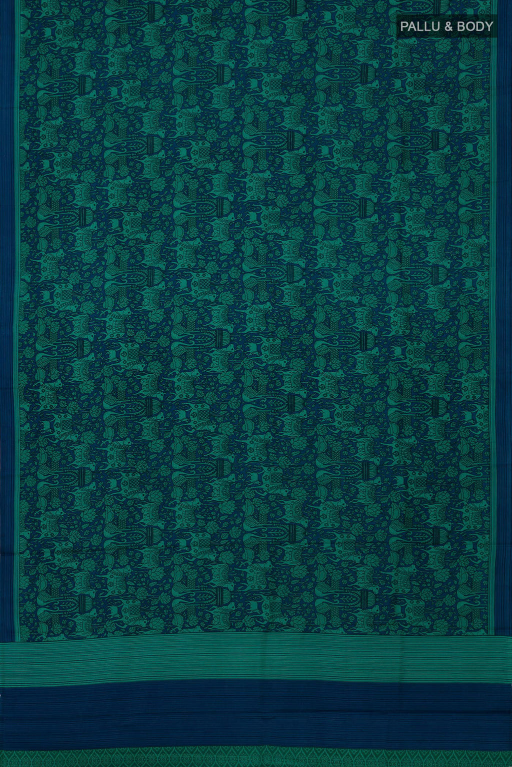 Flat view of Navy Blue Printed Silk Saree with Printed design on the body and Plain Border. 