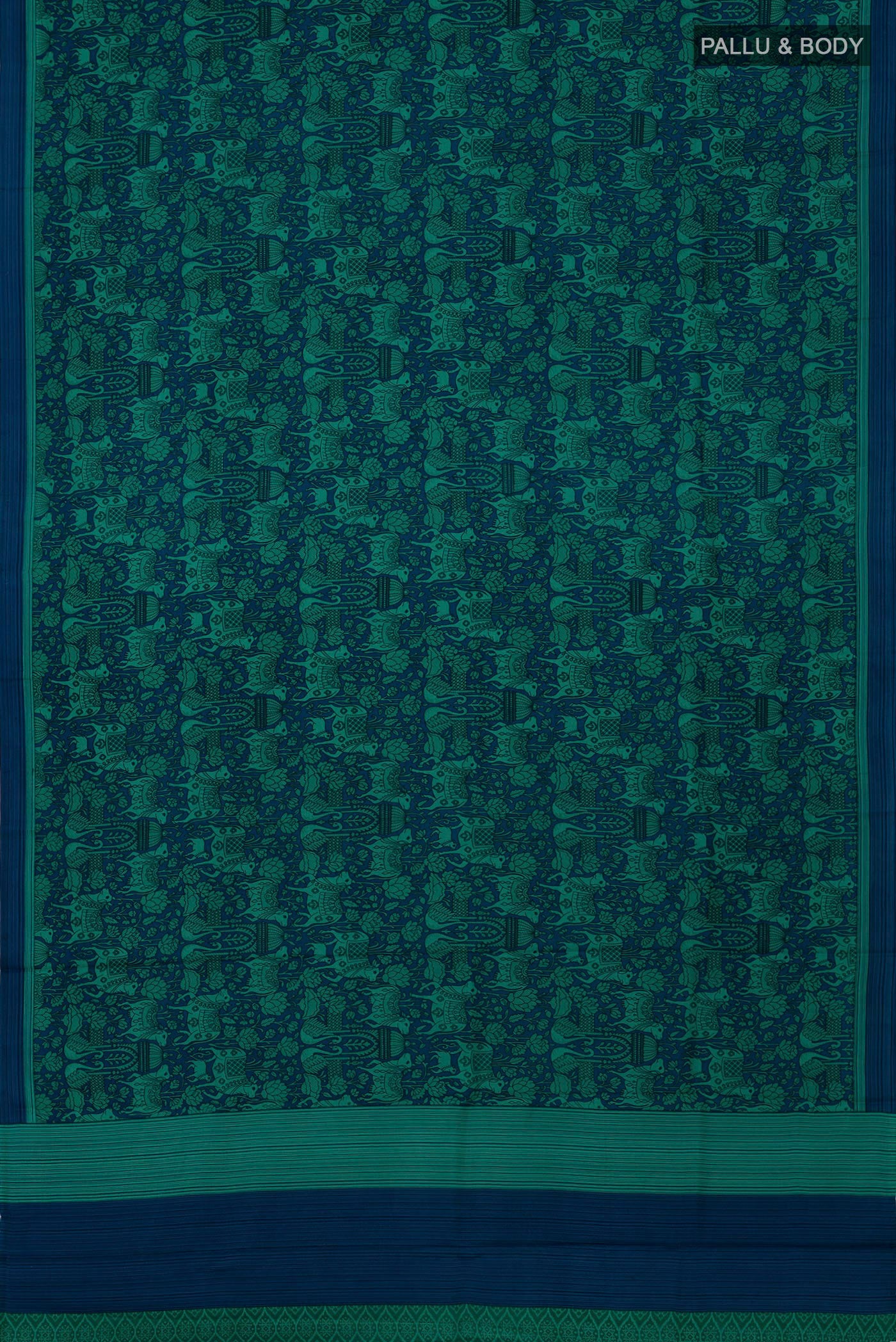 Flat view of Navy Blue Printed Silk Saree with Printed design on the body and Plain Border. 