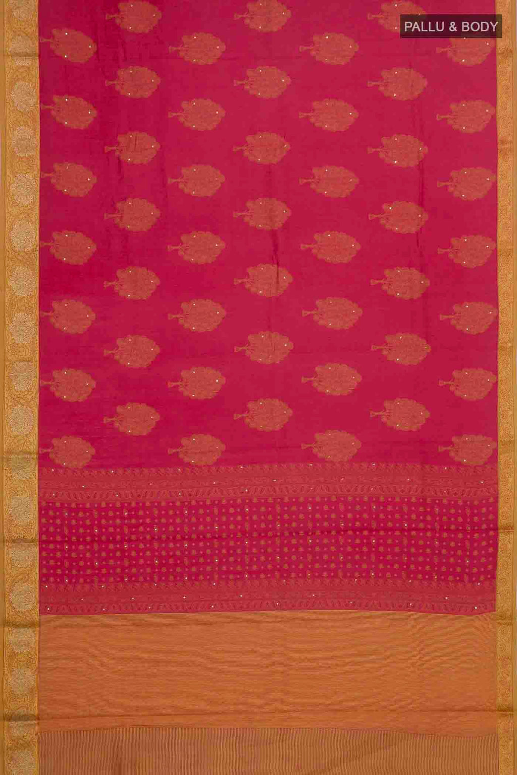 Flat view of Dark Pink Tussar Silk Saree with Printed design on the body and Zari Border. 