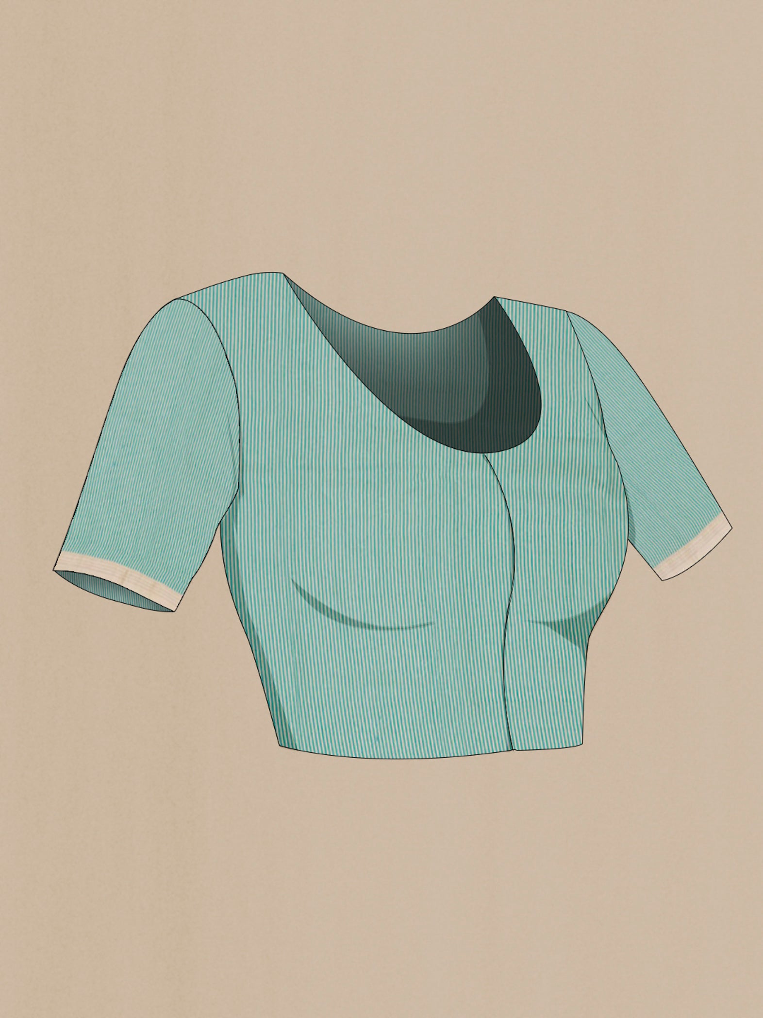 Close up image of the blouse of Sky Blue Tussar Silk Saree with Floral Print on the body and Thin Zari Line. 