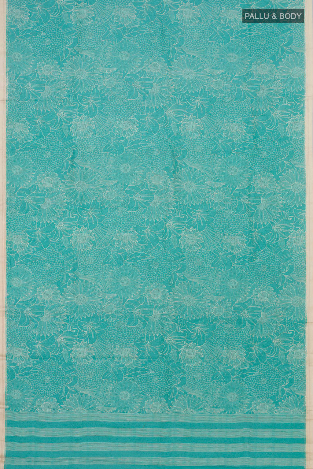 Flat view of Sky Blue Tussar Silk Saree with Floral Print on the body and Thin Zari Line. 
