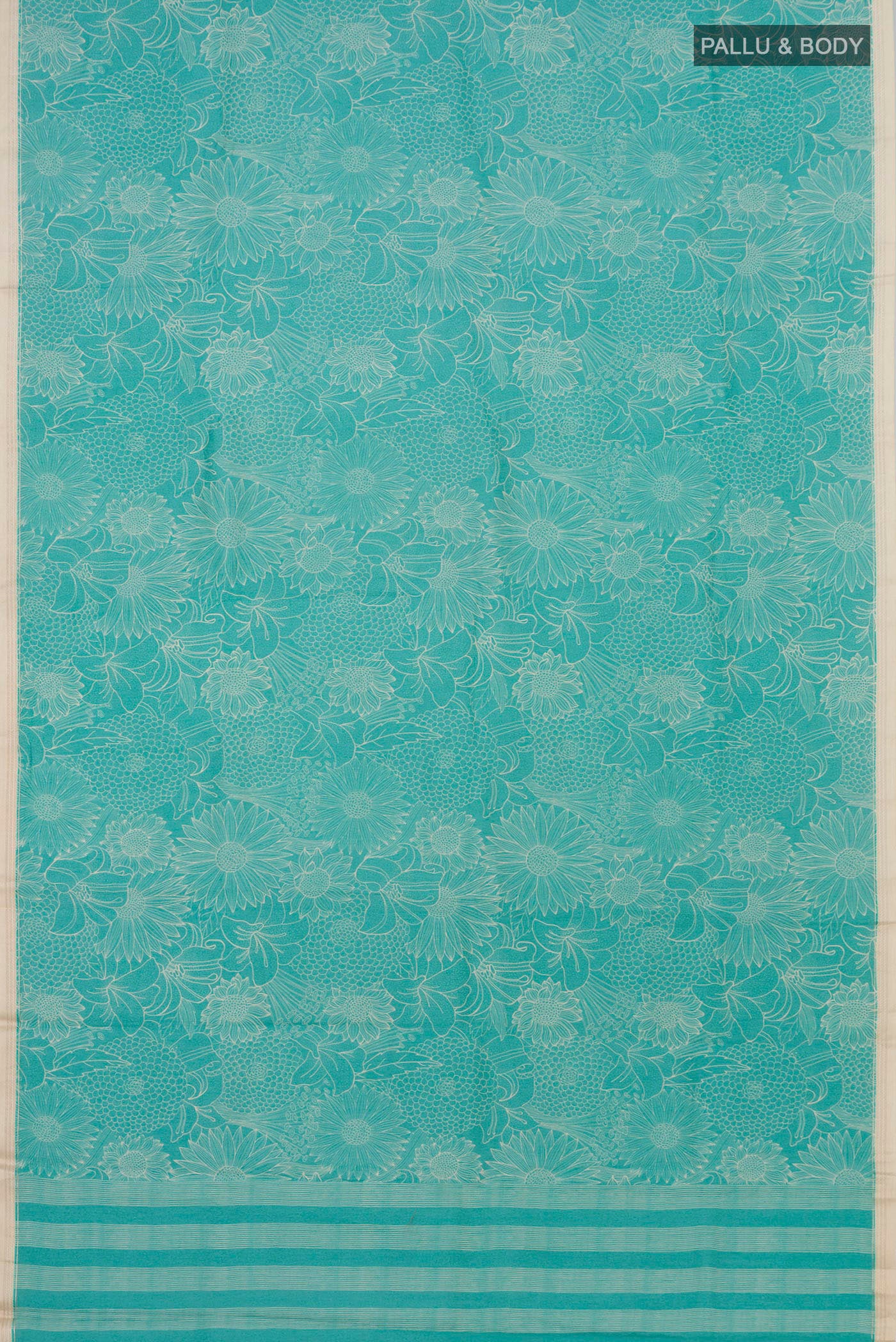 Flat view of Sky Blue Tussar Silk Saree with Floral Print on the body and Thin Zari Line. 