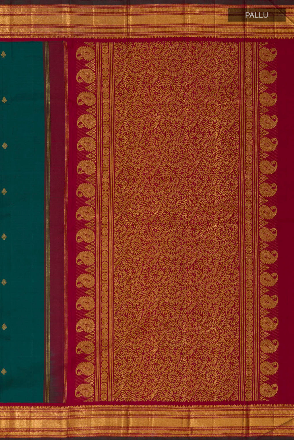 Close up image of the pallu of Pure Silk Pure Zari Green Kanchipuram Saree with Zari Butta on the body and Zari Border. 