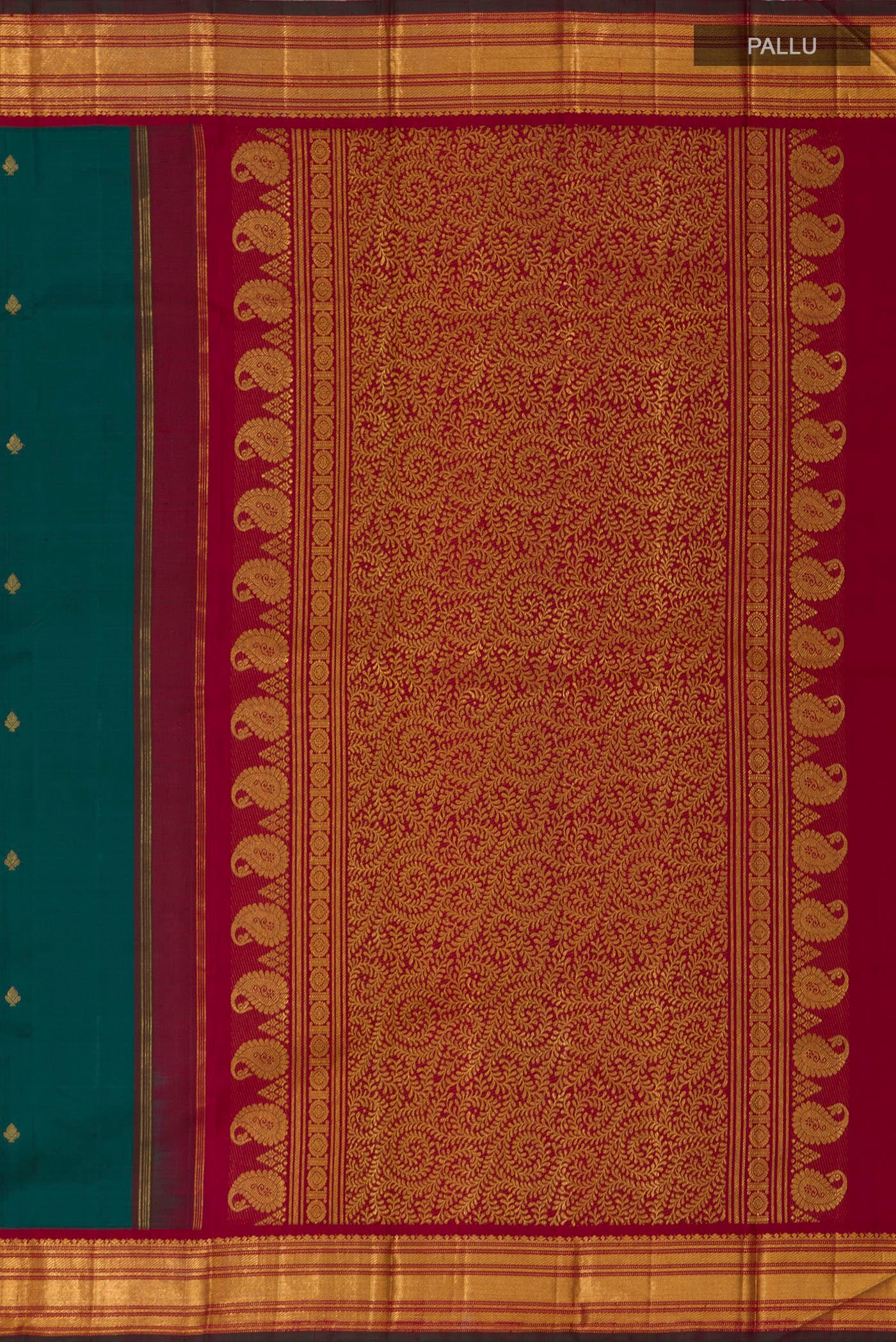 Close up image of the pallu of Pure Silk Pure Zari Green Kanchipuram Saree with Zari Butta on the body and Zari Border. 