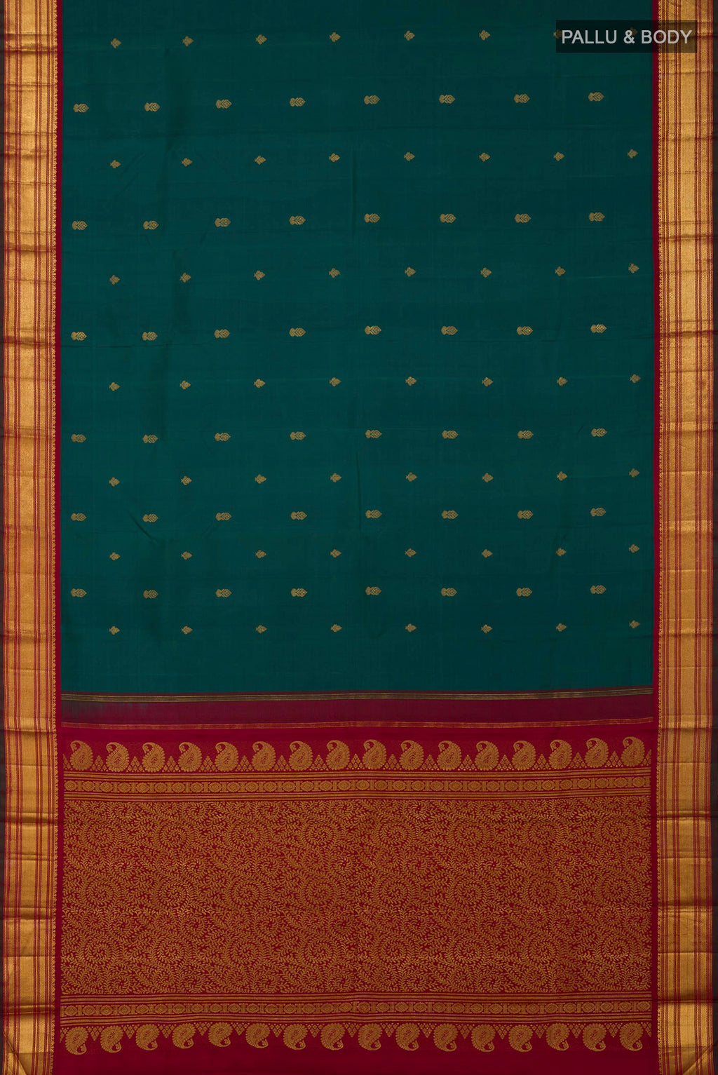 Flat view of Pure Silk Pure Zari Green Kanchipuram Saree with Zari Butta on the body and Zari Border. 