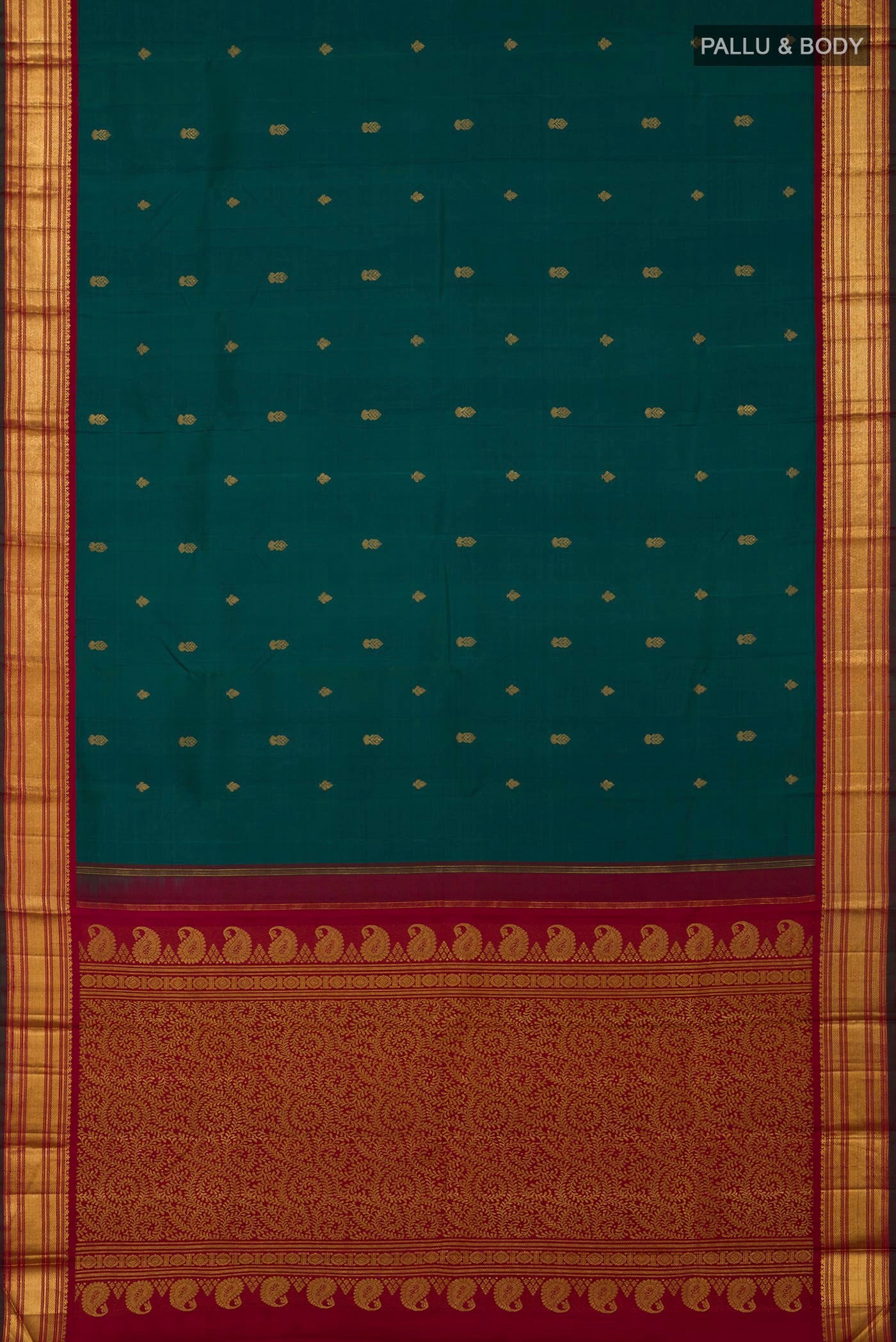 Flat view of Pure Silk Pure Zari Green Kanchipuram Saree with Zari Butta on the body and Zari Border. 