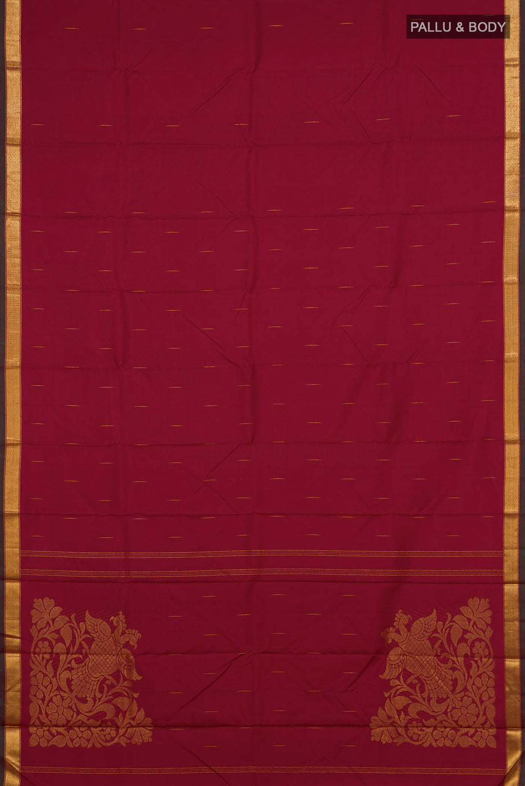 Flat view of Pure Silk Pure Zari Maroon Kanjivaram Saree with Zari Butta on the body and Zari Border. 