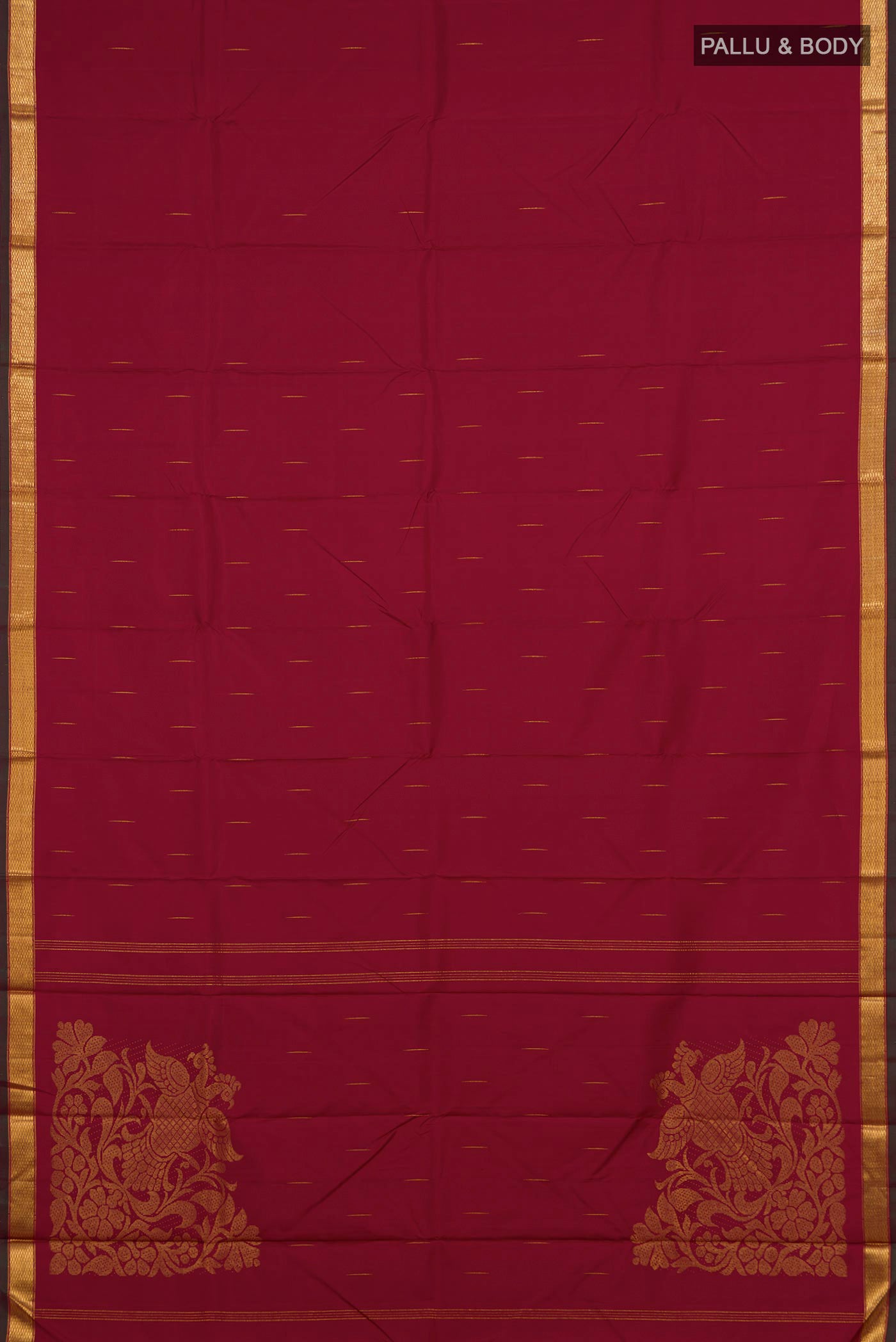 Flat view of Pure Silk Pure Zari Maroon Kanjivaram Saree with Zari Butta on the body and Zari Border. 