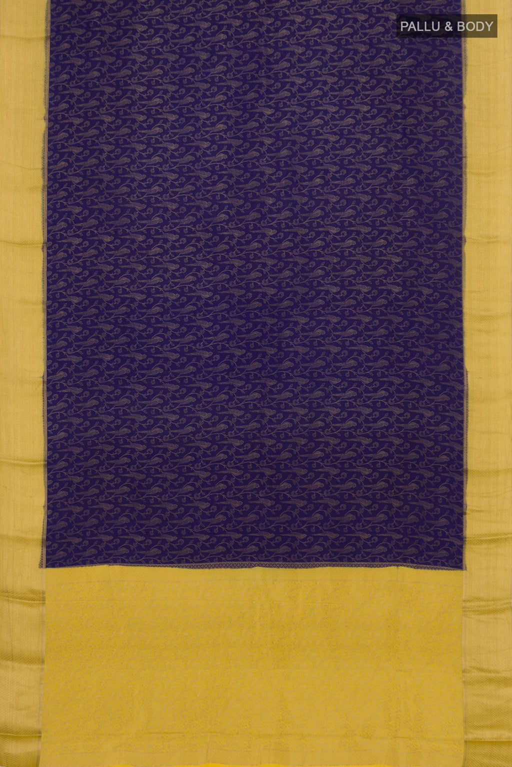 Flat view of Blue Mysore Crepe Saree with Zari Brocade on the body and Zari Border. 
