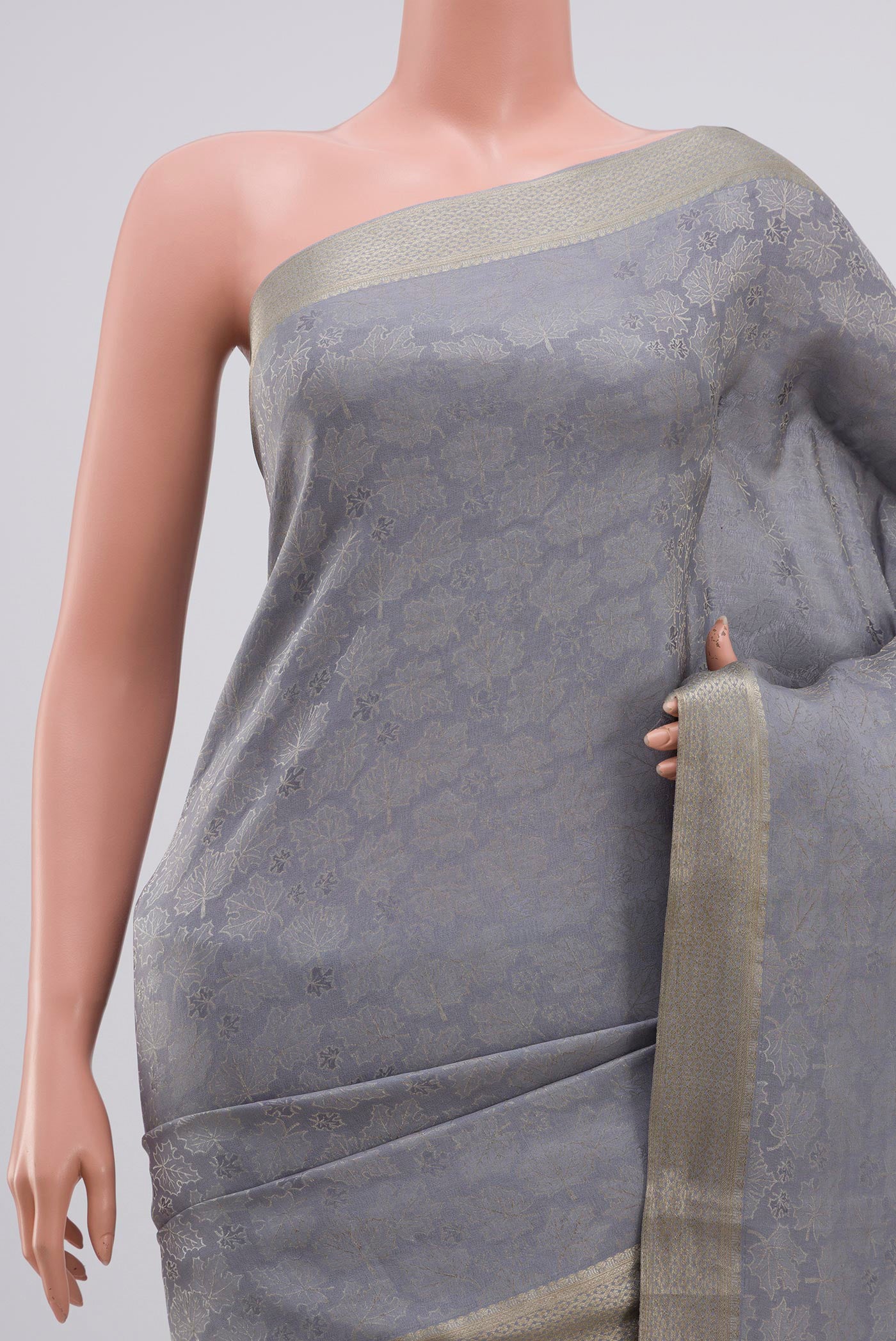 Border image of Grey Mysore Crepe Saree with Zari Brocade on the body and Zari Border. 
