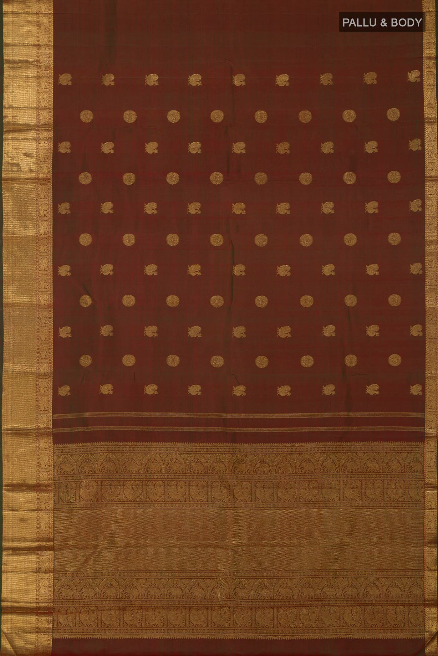 Flat view of Pure Silk Pure Zari Green Kanchipuram Saree with Zari Butta on the body and Zari Border. 