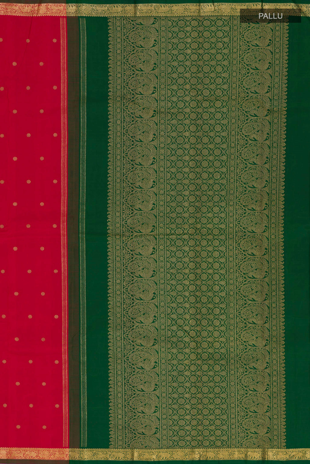 Close up image of the pallu of Pure Silk Pure Zari Maroon Kanchipuram Saree with Zari Butta on the body and Zari Border. 