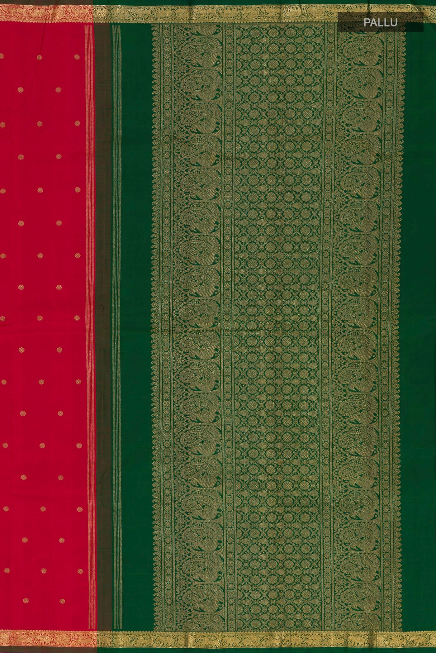 Close up image of the pallu of Pure Silk Pure Zari Maroon Kanchipuram Saree with Zari Butta on the body and Zari Border. 
