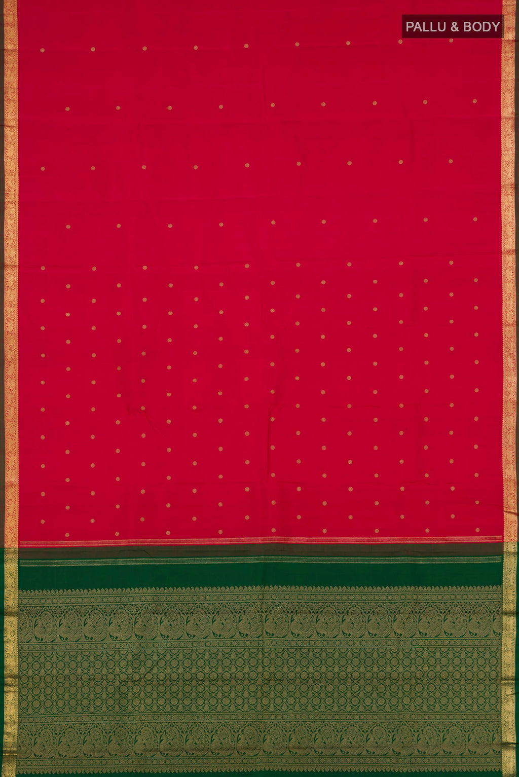 Flat view of Pure Silk Pure Zari Maroon Kanchipuram Saree with Zari Butta on the body and Zari Border. 
