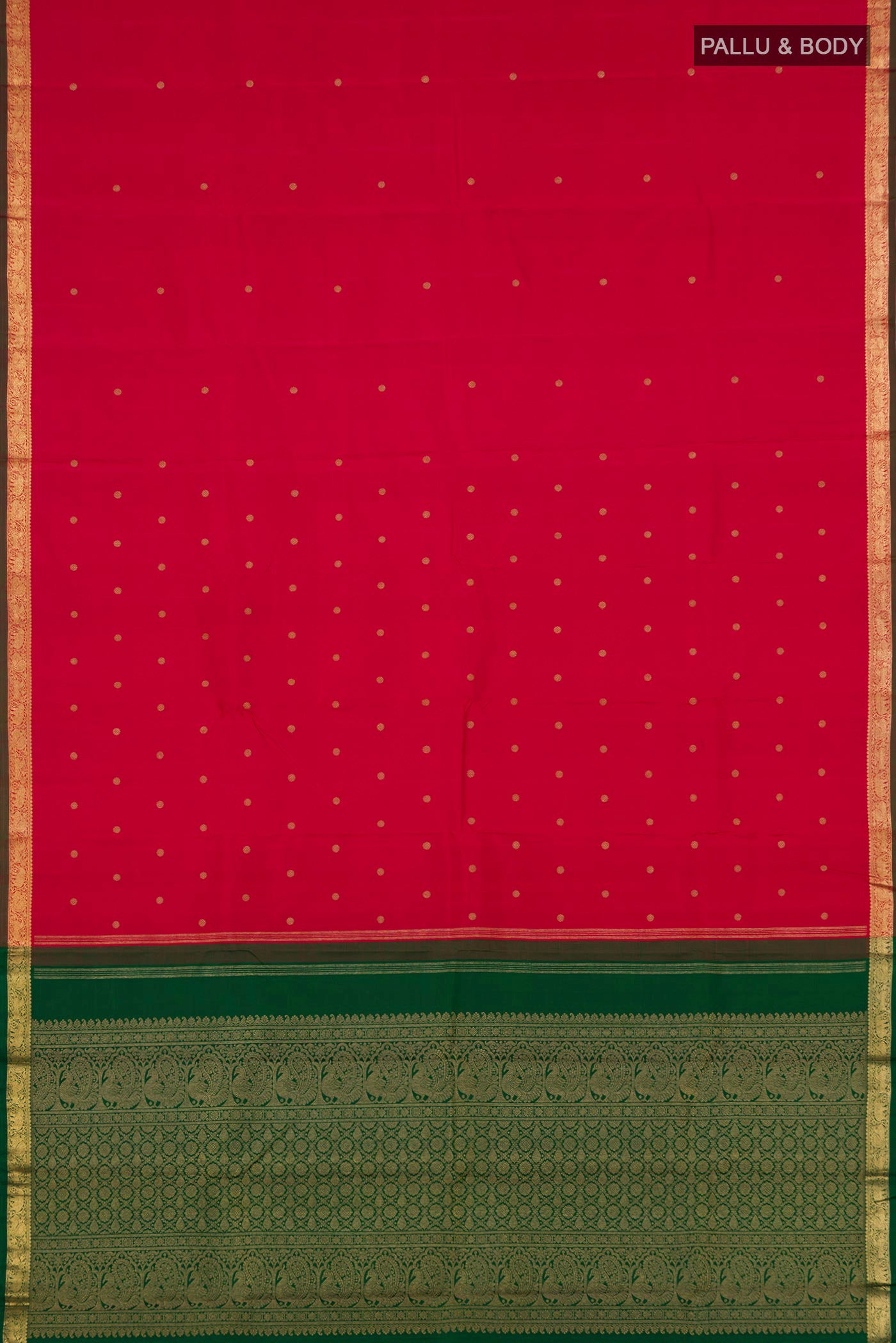 Flat view of Pure Silk Pure Zari Maroon Kanchipuram Saree with Zari Butta on the body and Zari Border. 