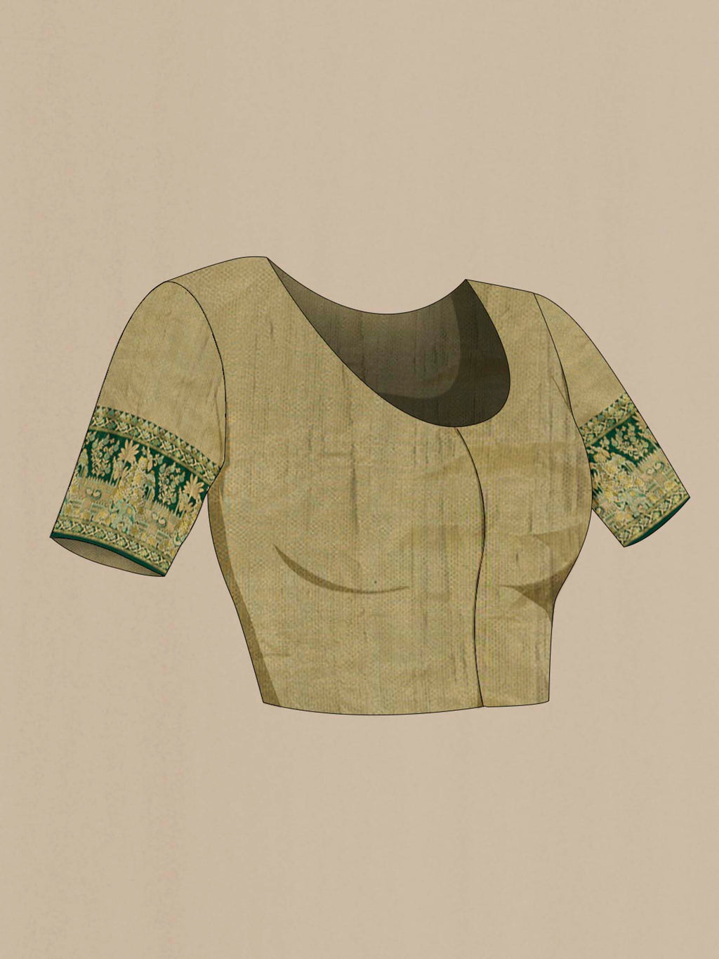 Close up image of the blouse of green with gold Color Kanjivaram Tissue Silk Saree with Zari Brocade on the body and Zari Border. 