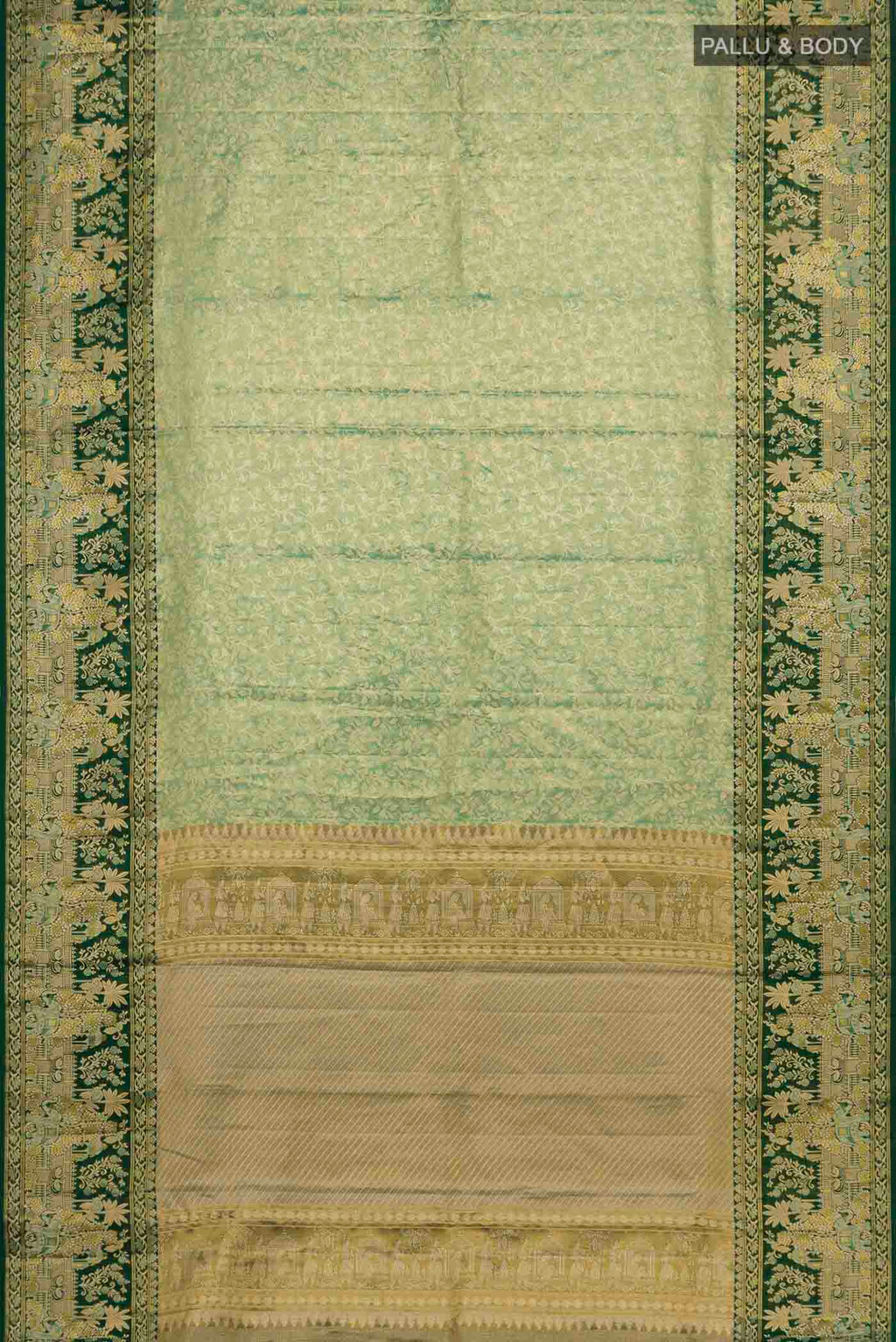 Flat view of green with gold Color Kanjivaram Tissue Silk Saree with Zari Brocade on the body and Zari Border. 