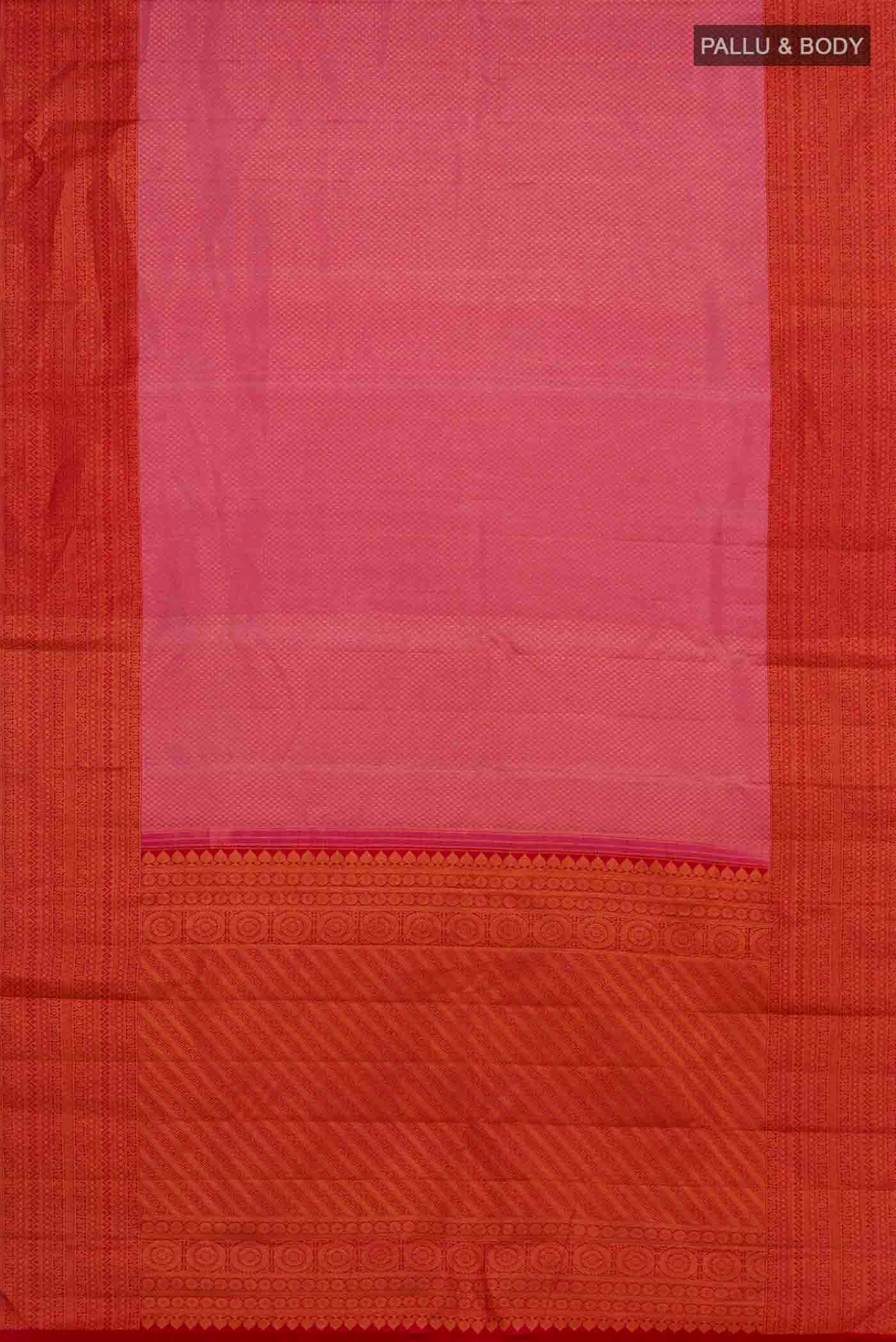 Flat view of Pink Kanchipuram Silk Saree with Zari Brocade on the body and Zari Border. 