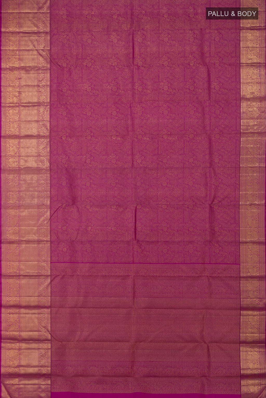 Flat view of Pink Kanchipuram Silk Saree with Zari Brocade on the body and Zari Border. 