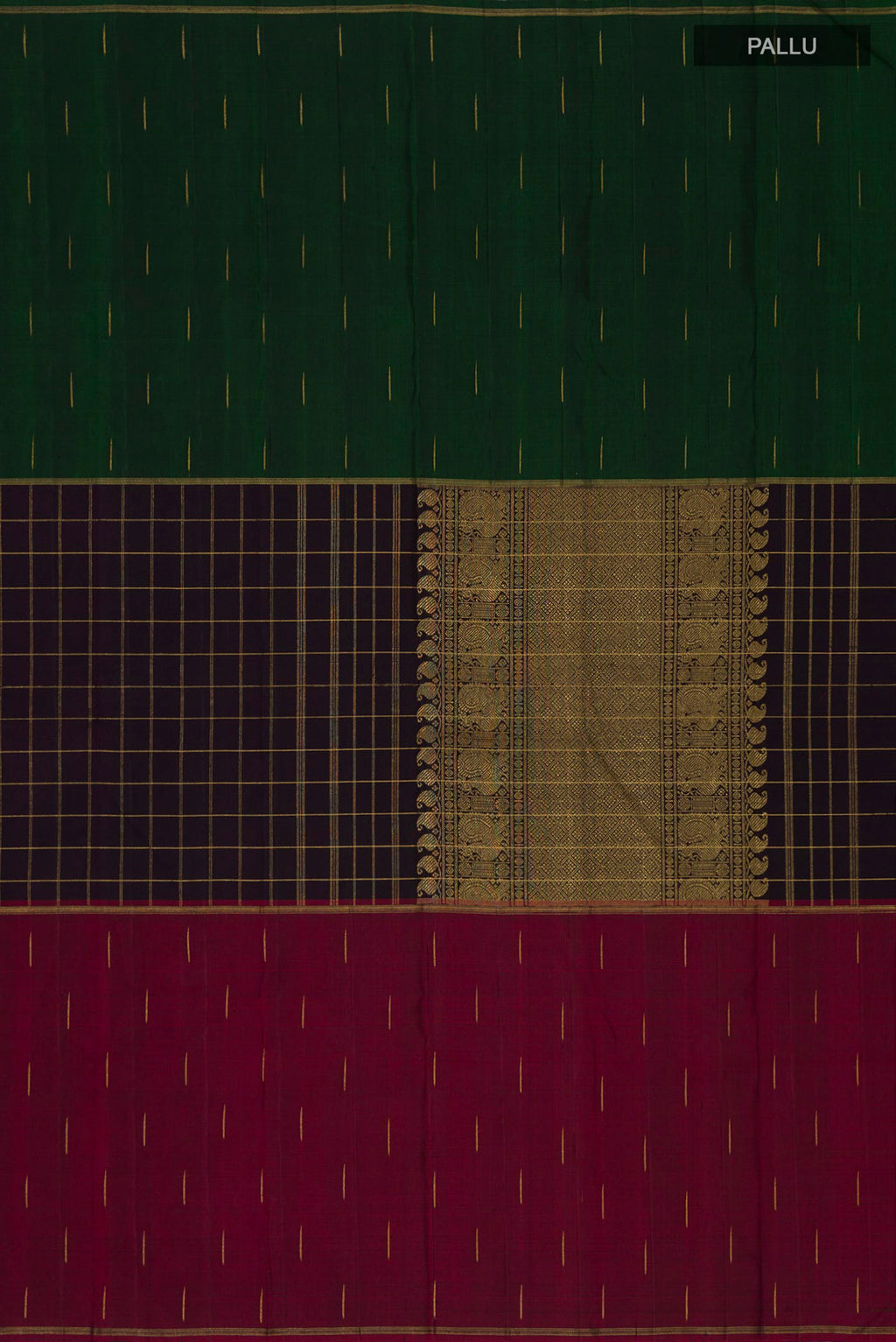 Close up image of the pallu of Pure Silk Pure Zari Black Kanchipuram Saree with Checked design on the body and Ganga Jamuna Border. 