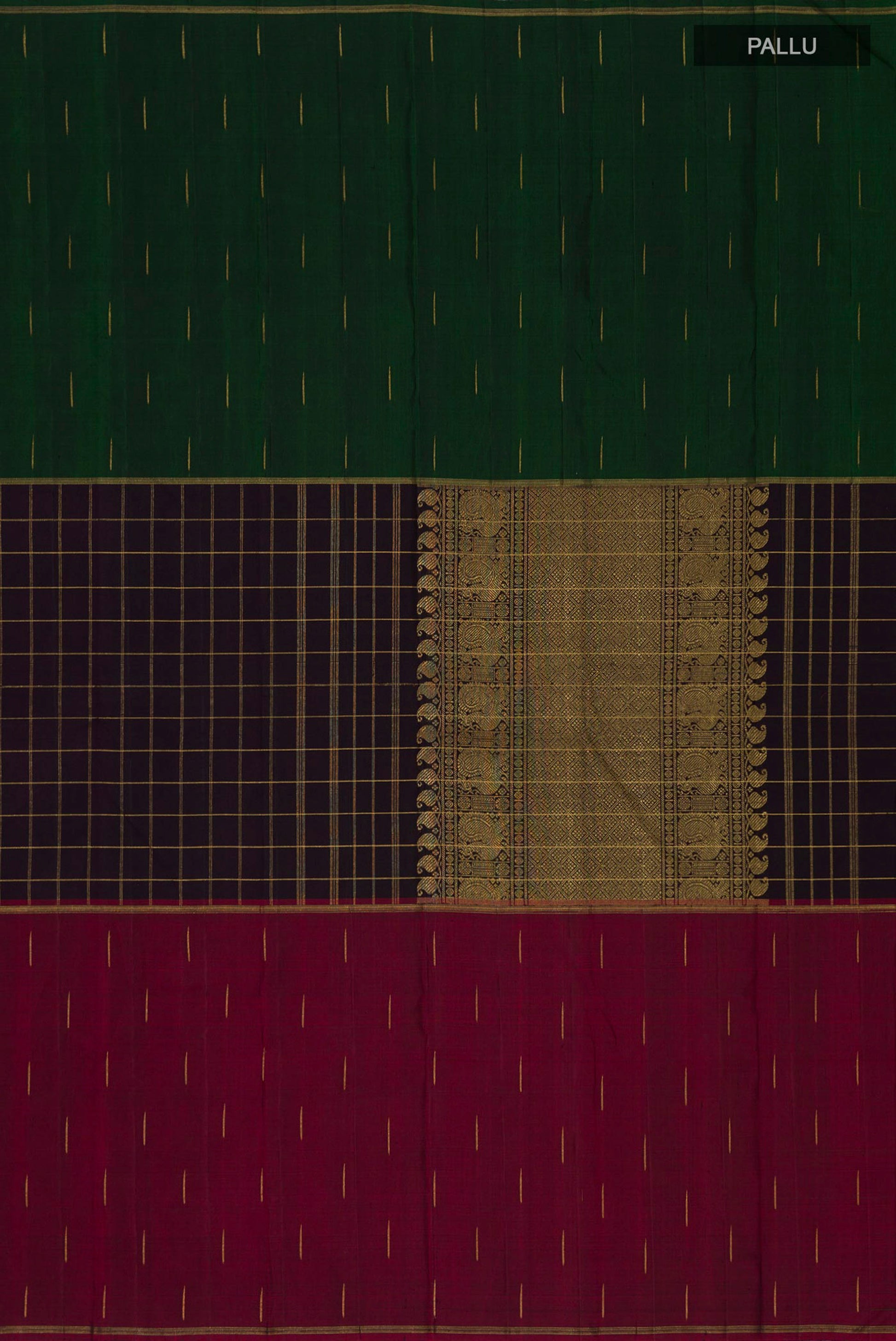 Close up image of the pallu of Pure Silk Pure Zari Black Kanchipuram Saree with Checked design on the body and Ganga Jamuna Border. 