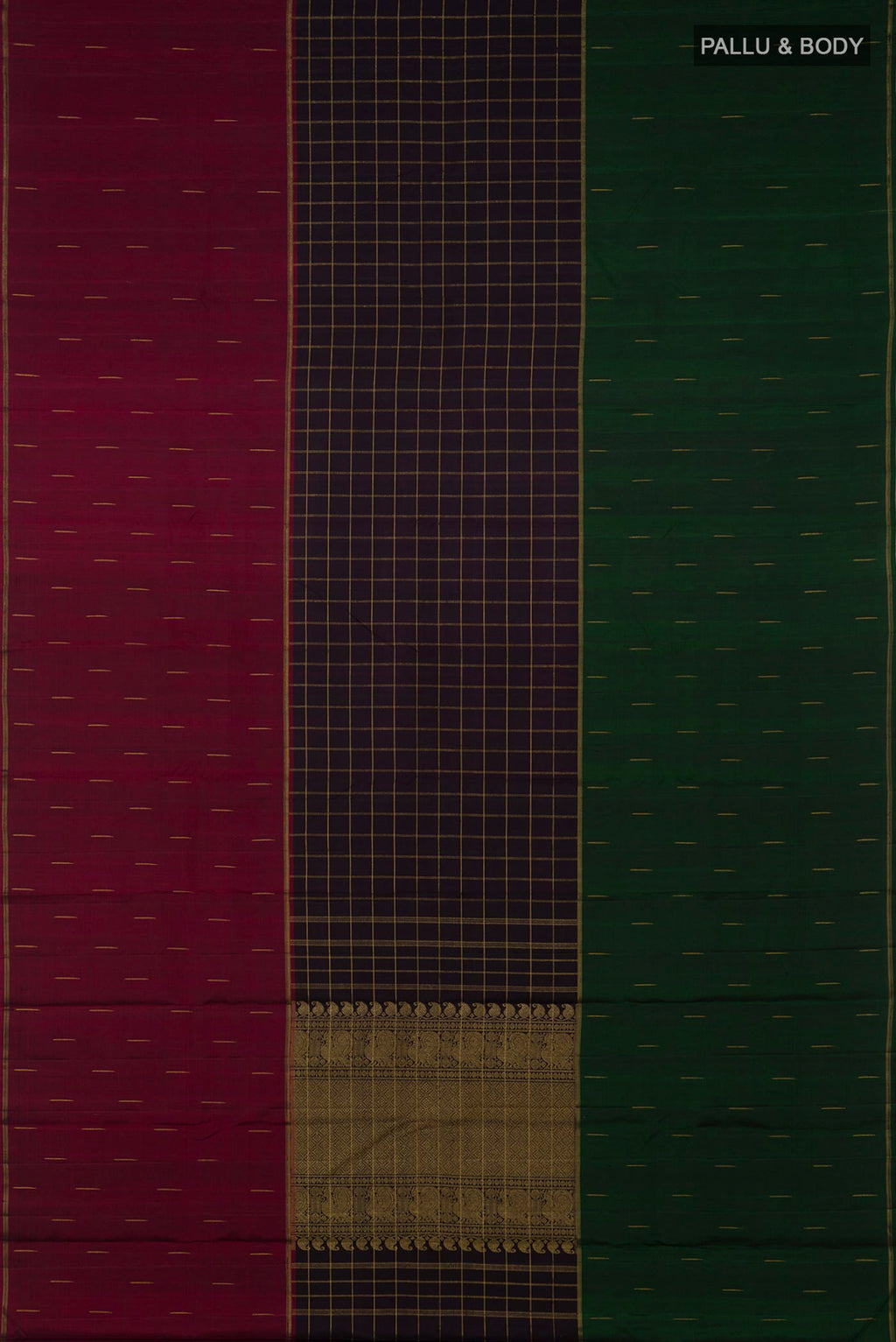 Flat view of Pure Silk Pure Zari Black Kanchipuram Saree with Checked design on the body and Ganga Jamuna Border. 
