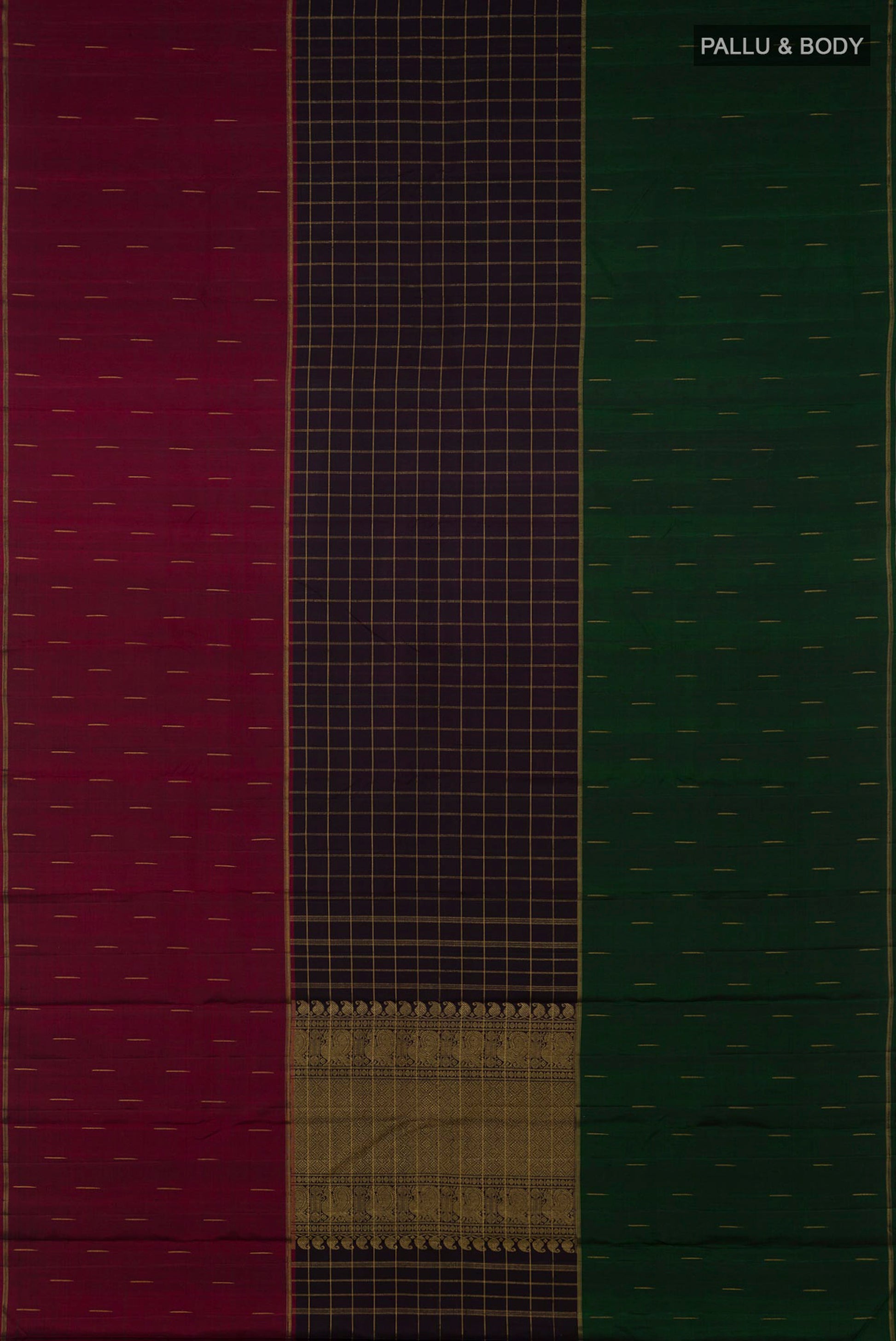 Flat view of Pure Silk Pure Zari Black Kanchipuram Saree with Checked design on the body and Ganga Jamuna Border. 