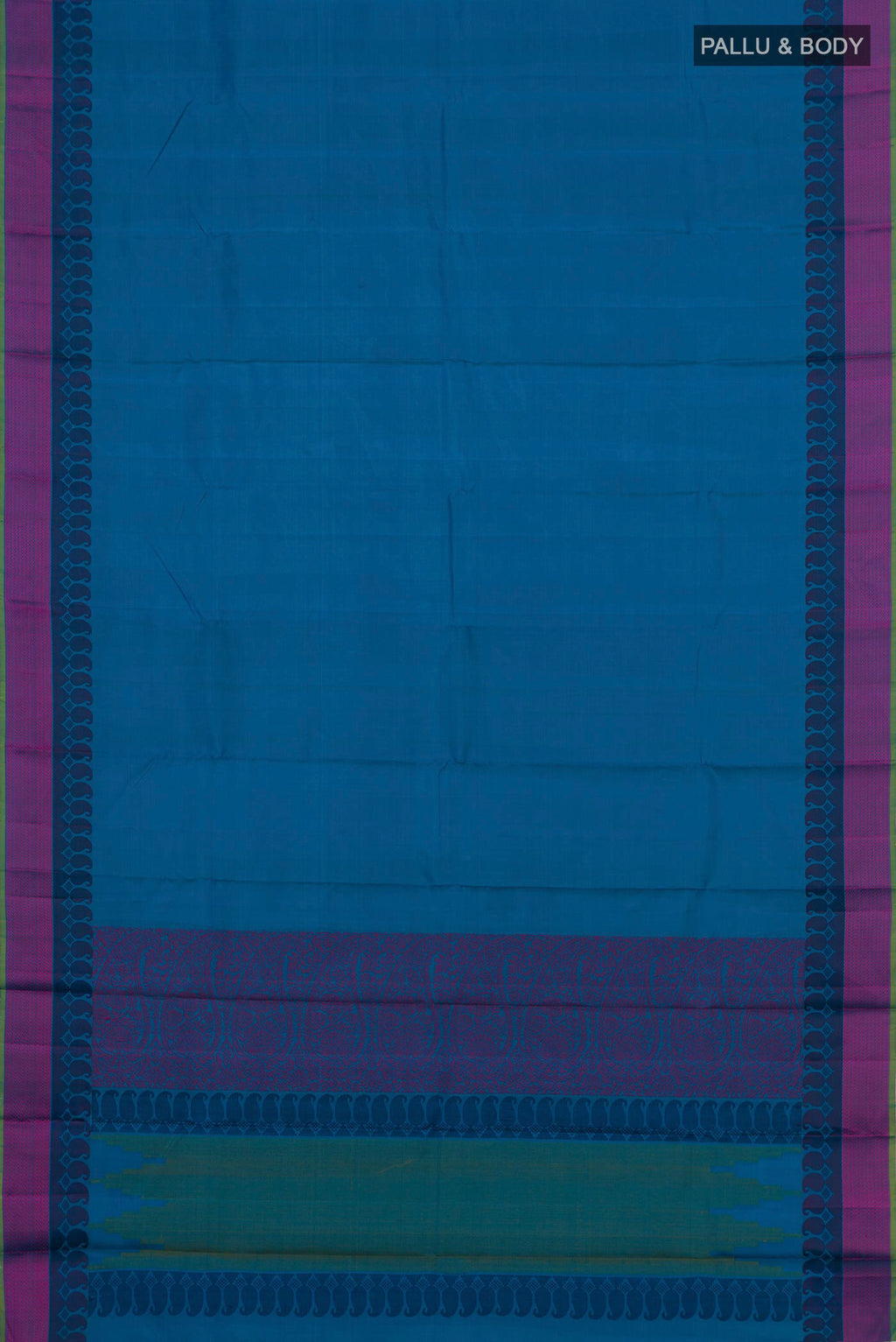 Flat view of Blue Kanchipuram Silk Saree with Plain Body and Thread Border. 