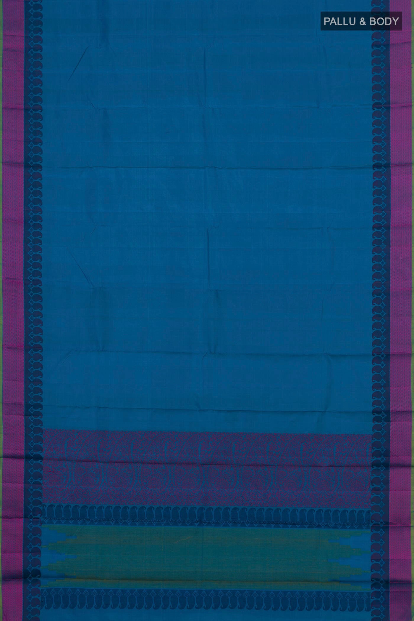 Flat view of Blue Kanchipuram Silk Saree with Plain Body and Thread Border. 