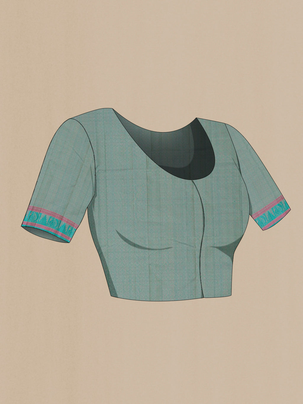 Close up image of the blouse of Cream Kanchipuram Silk Saree with Checked design on the body and Thread Border. 