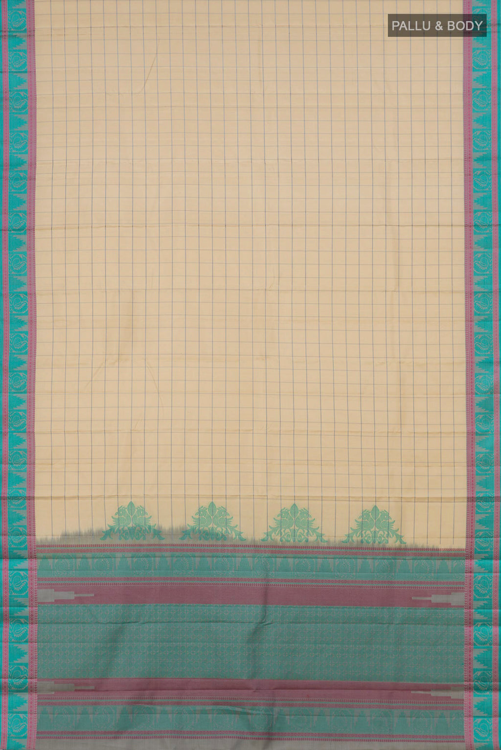 Flat view of Cream Kanchipuram Silk Saree with Checked design on the body and Thread Border. 