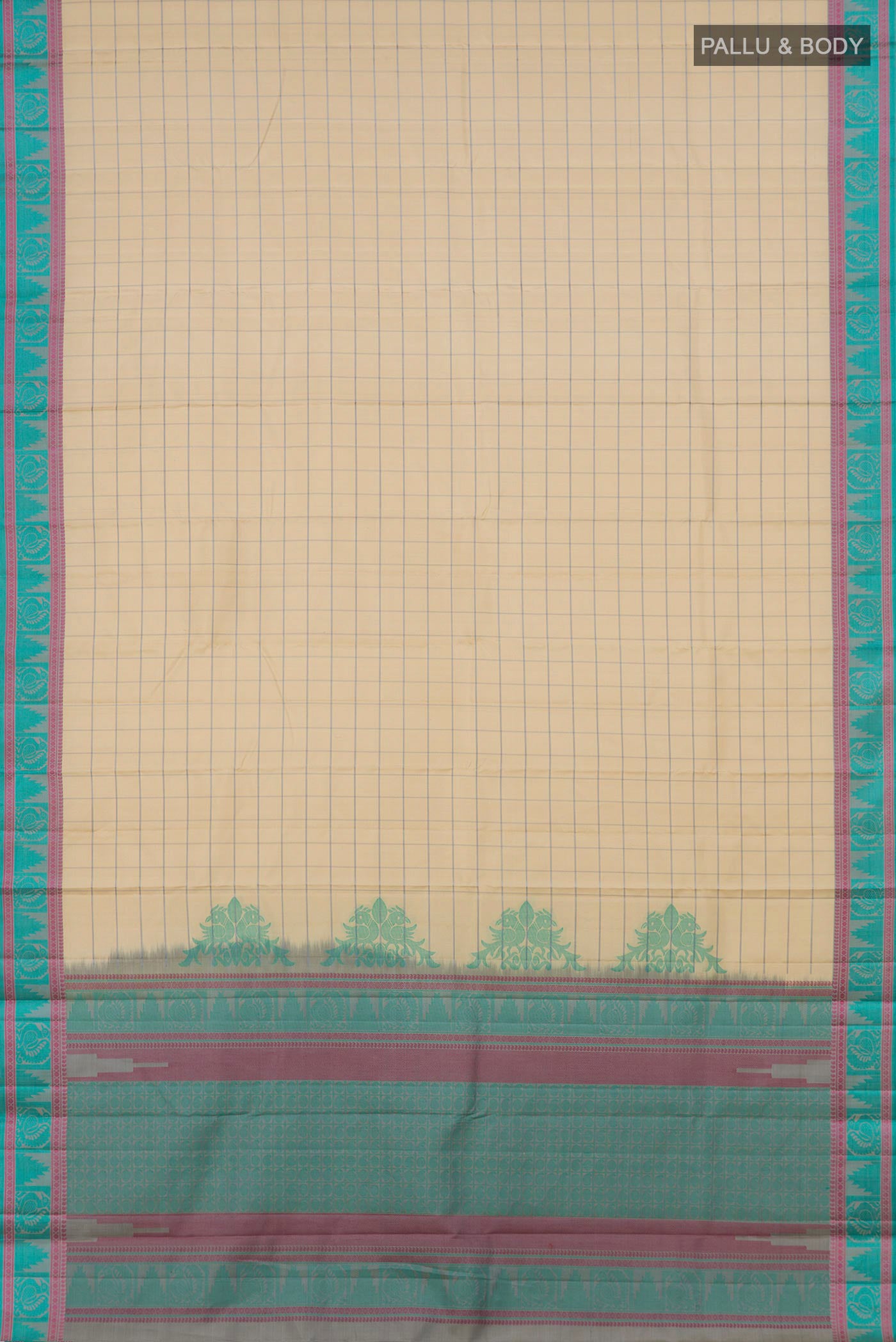 Flat view of Cream Kanchipuram Silk Saree with Checked design on the body and Thread Border. 