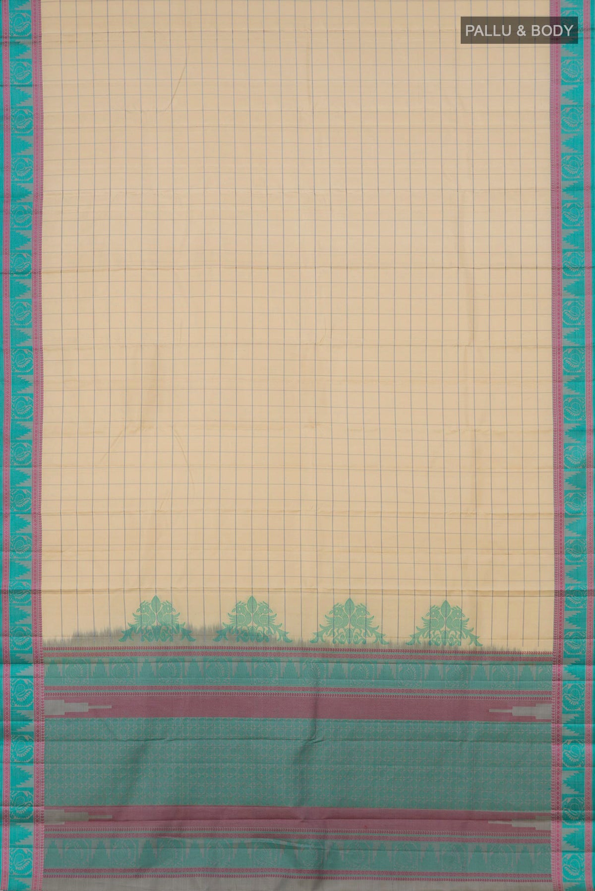 Flat view of Cream Kanchipuram Silk Saree with Checked design on the body and Thread Border. 