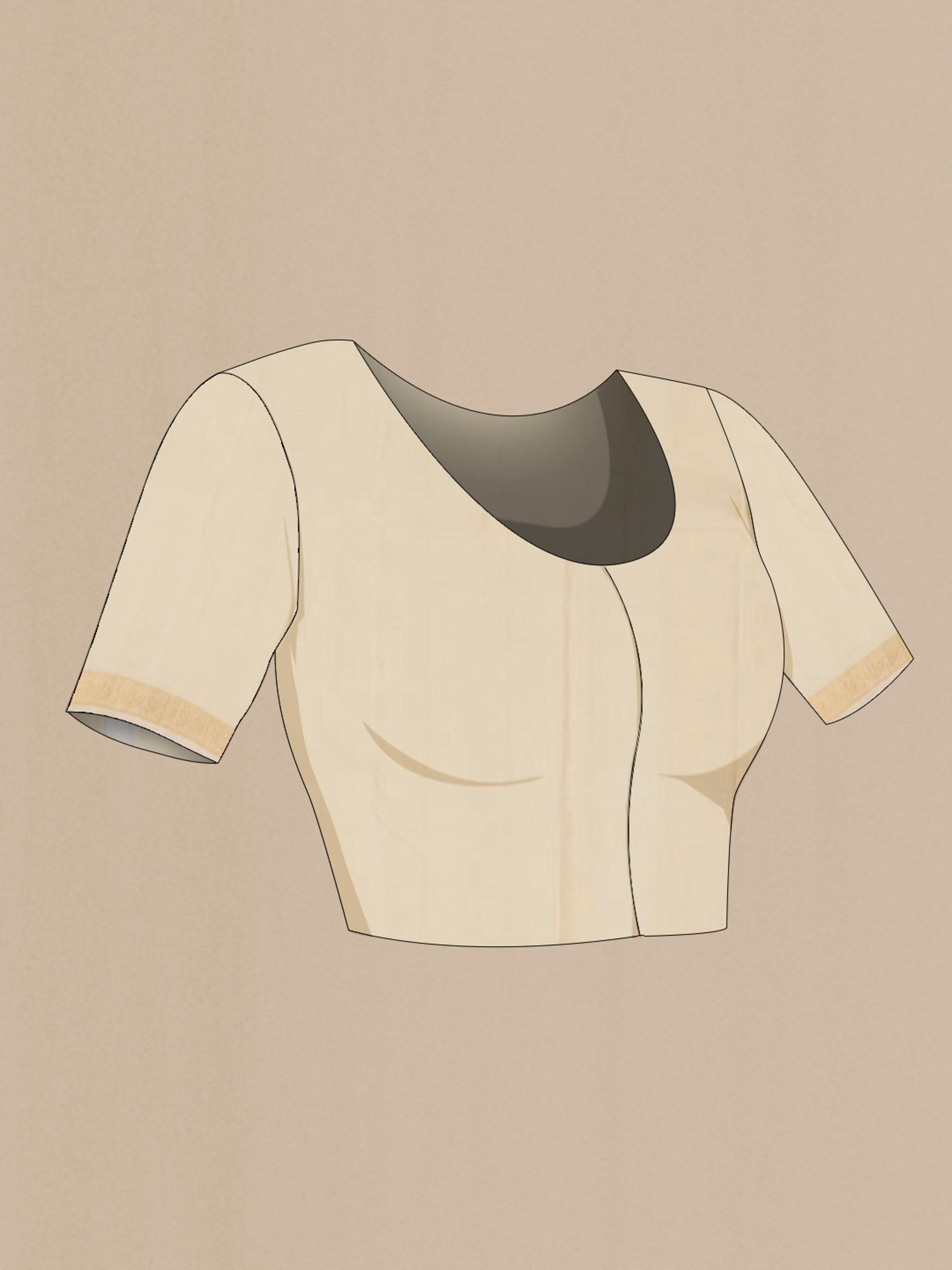 Close up image of the blouse of Cream Kanchipuram Silk Saree with Zari Brocade on the body and Temple Border. 