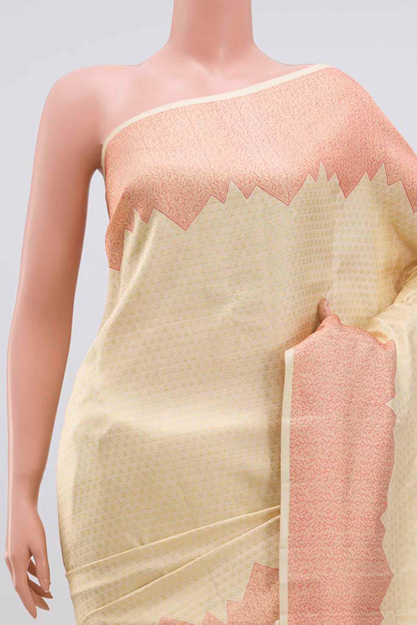 Border image of Cream Kanchipuram Silk Saree with Zari Brocade on the body and Temple Border. 