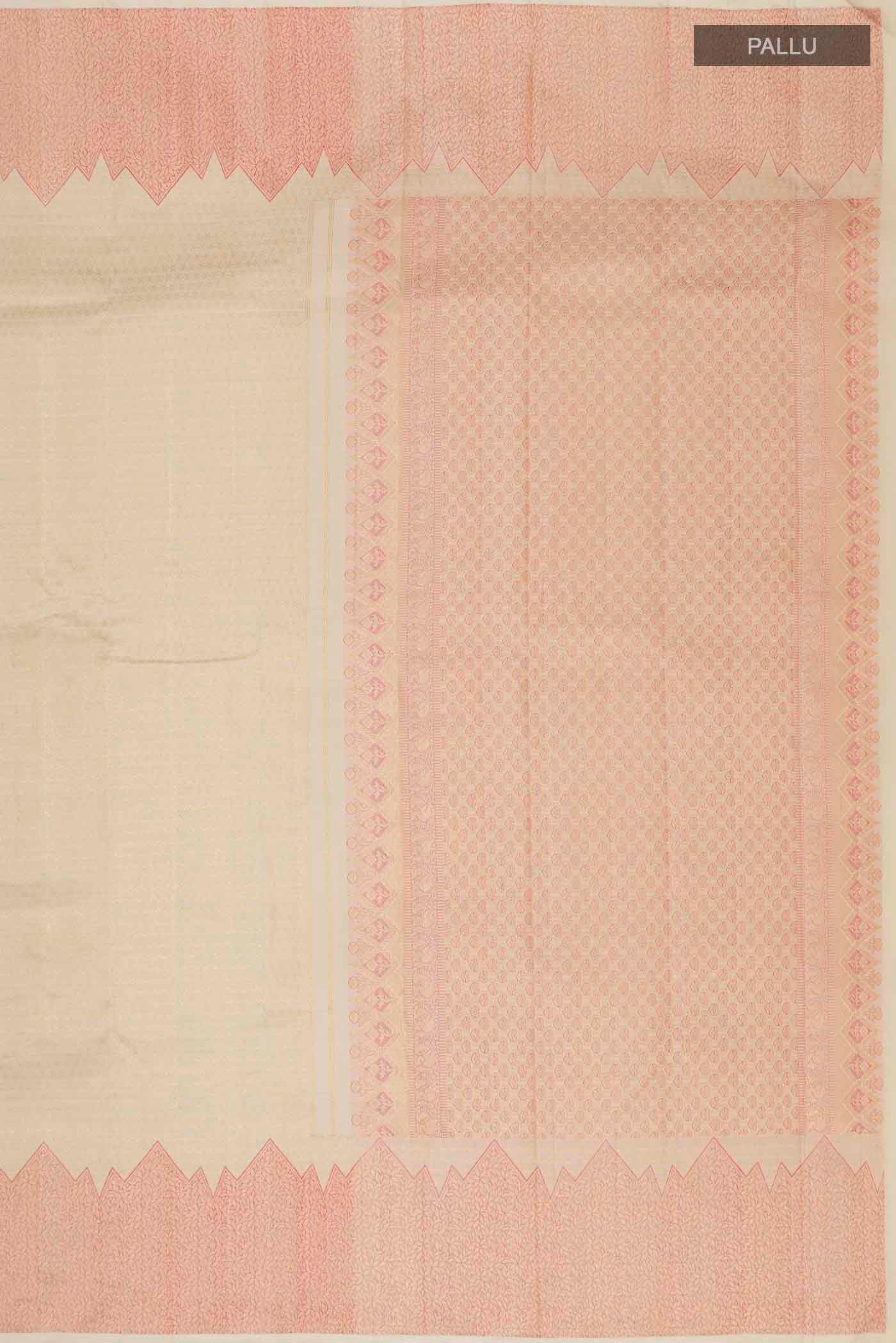 Close up image of the pallu of Cream Kanchipuram Silk Saree with Zari Brocade on the body and Temple Border. 