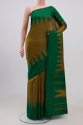 Gold Kanchipuram Silk Saree with Plain Body and Temple Thread Border.  displayed on a mannequin