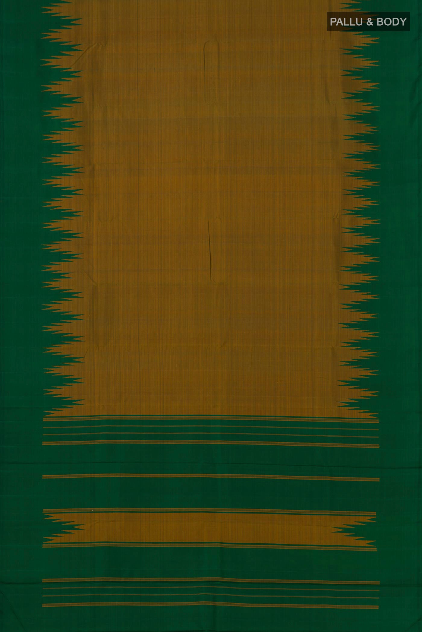 Flat view of Gold Kanchipuram Silk Saree with Plain Body and Temple Thread Border. 