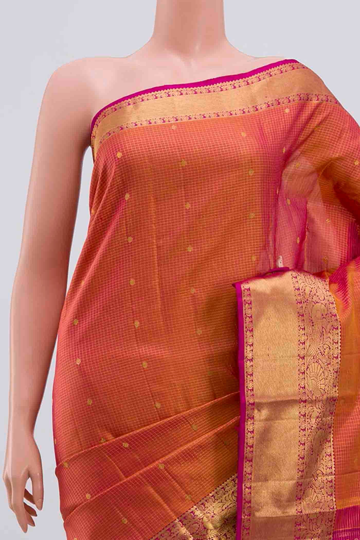Border image of Pink with Mustard Color Kanchipuram Silk Saree with Checked design on the body and Zari Border