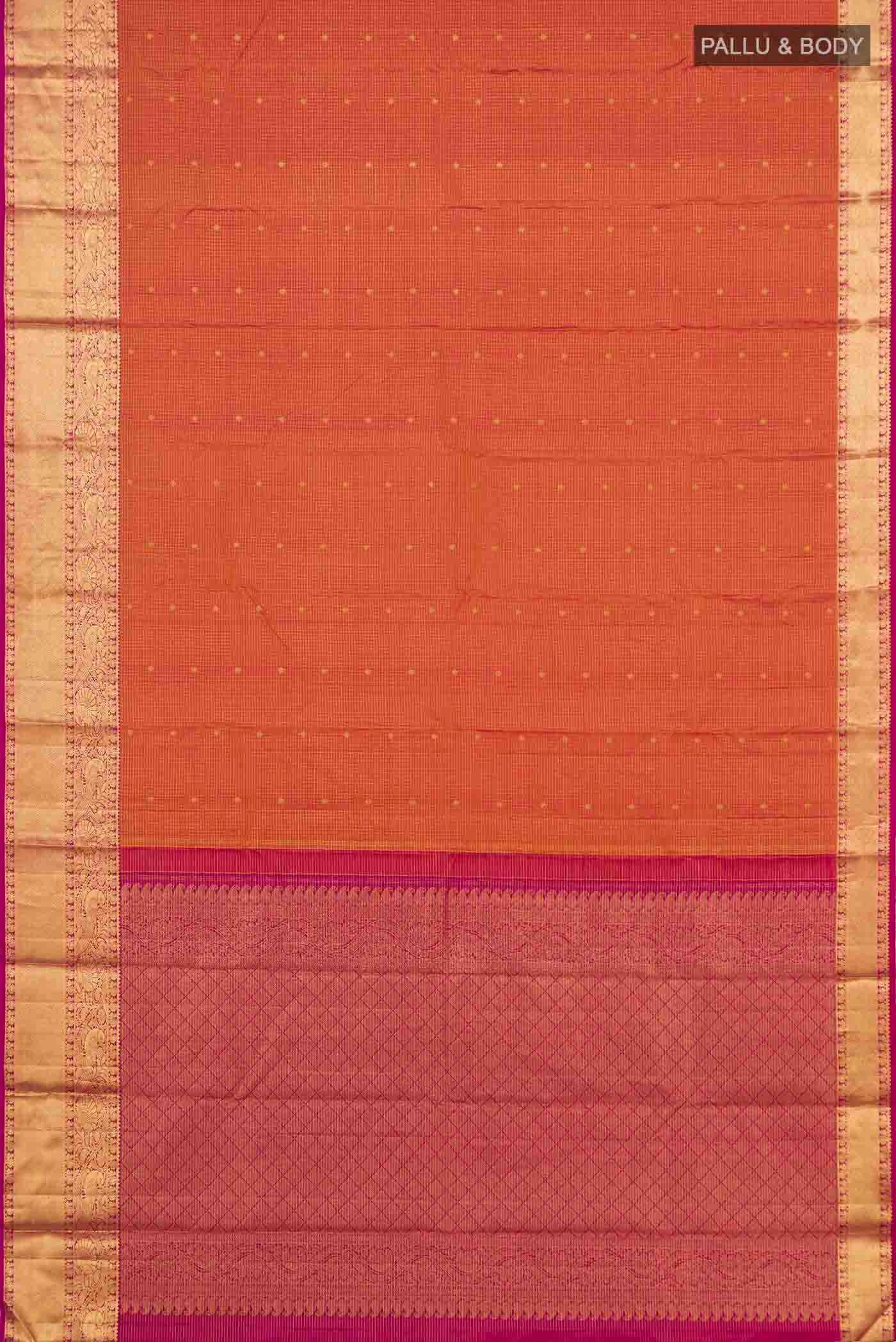 Flat view of Pink with Mustard Color Kanchipuram Silk Saree with Checked design on the body and Zari Border