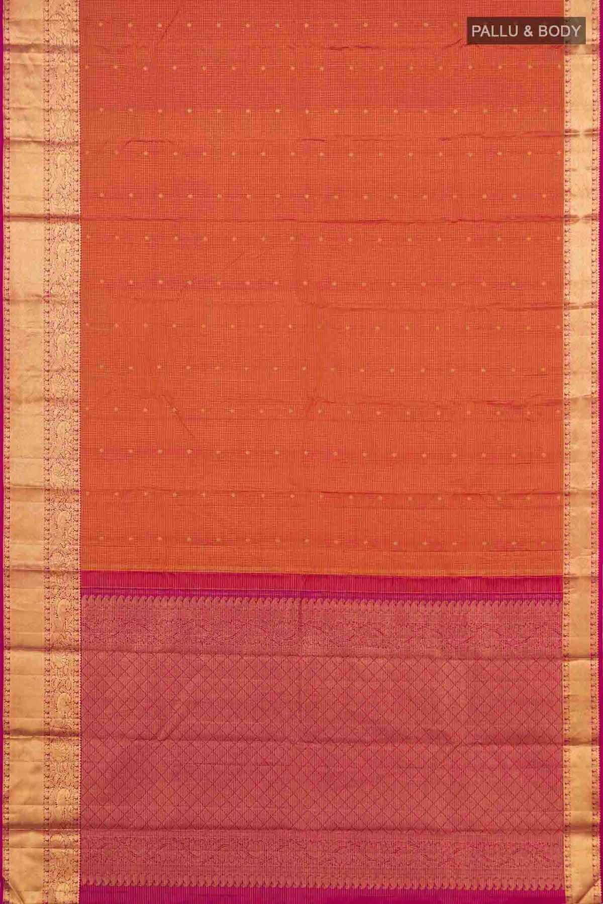 Flat view of Pink with Mustard Color Kanchipuram Silk Saree with Checked design on the body and Zari Border