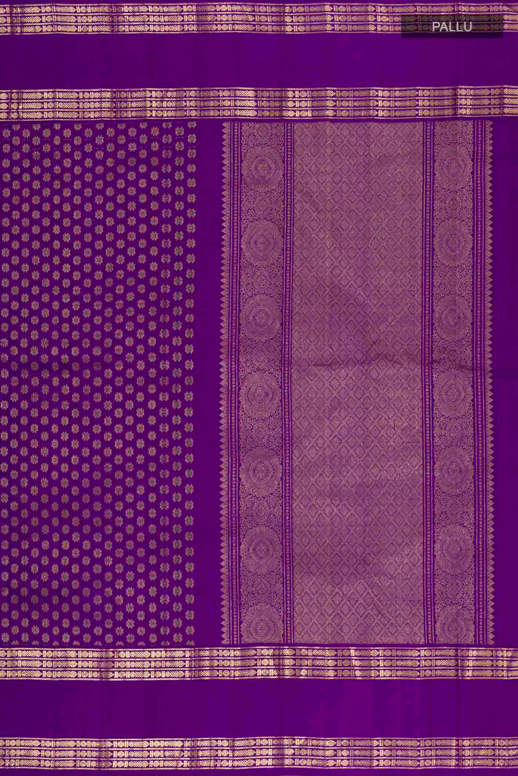 Close up image of the pallu of Purple Kanjivaram Silk Saree with Zari Brocade on the body and Zari Border. 