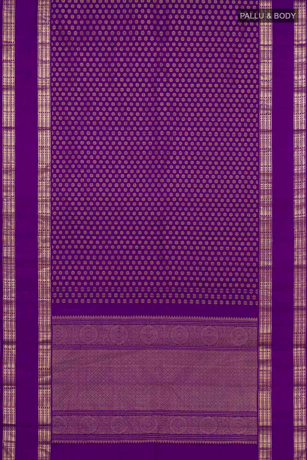 Flat view of Purple Kanjivaram Silk Saree with Zari Brocade on the body and Zari Border. 