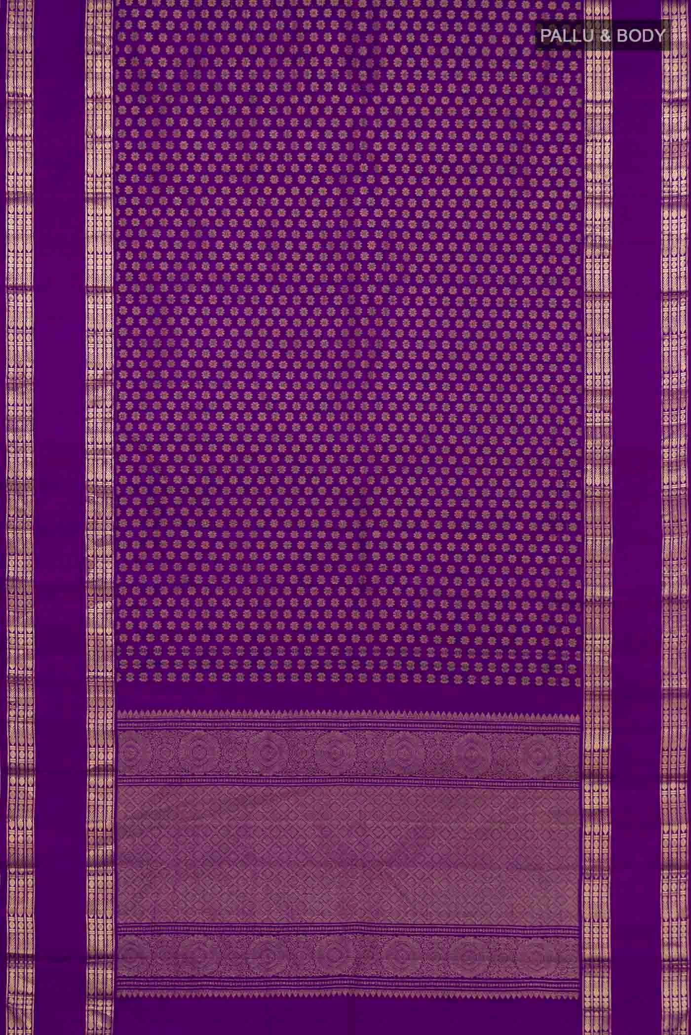 Flat view of Purple Kanjivaram Silk Saree with Zari Brocade on the body and Zari Border. 