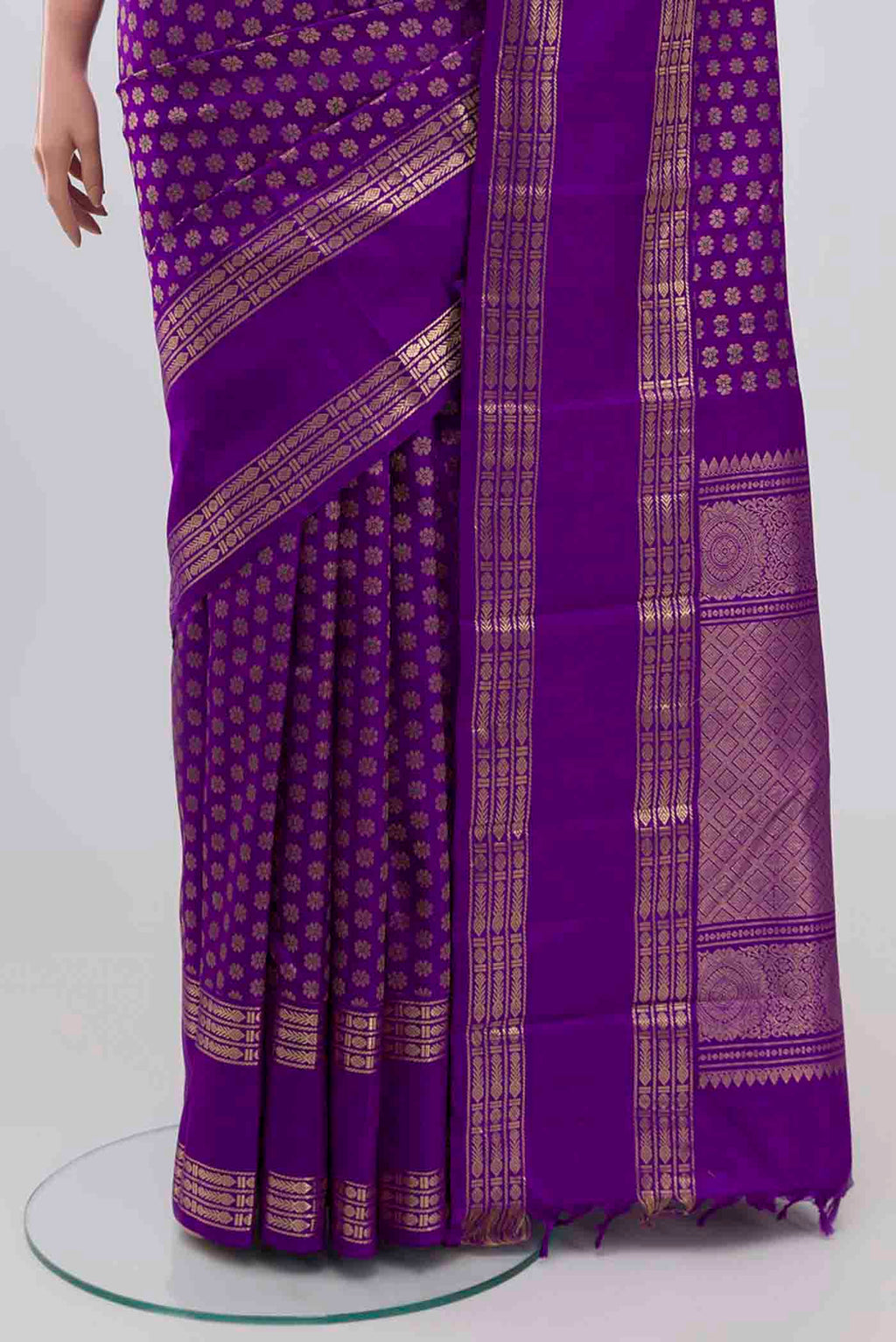 Pleats and pallu of Purple Kanjivaram Silk Saree with Zari Brocade on the body and Zari Border. 